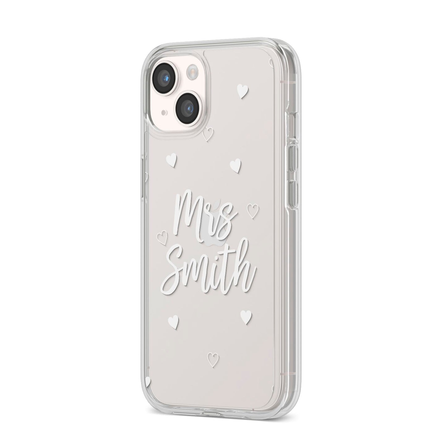 Personalised Mrs with Hearts iPhone 14 Clear Tough Case Starlight Angled Image