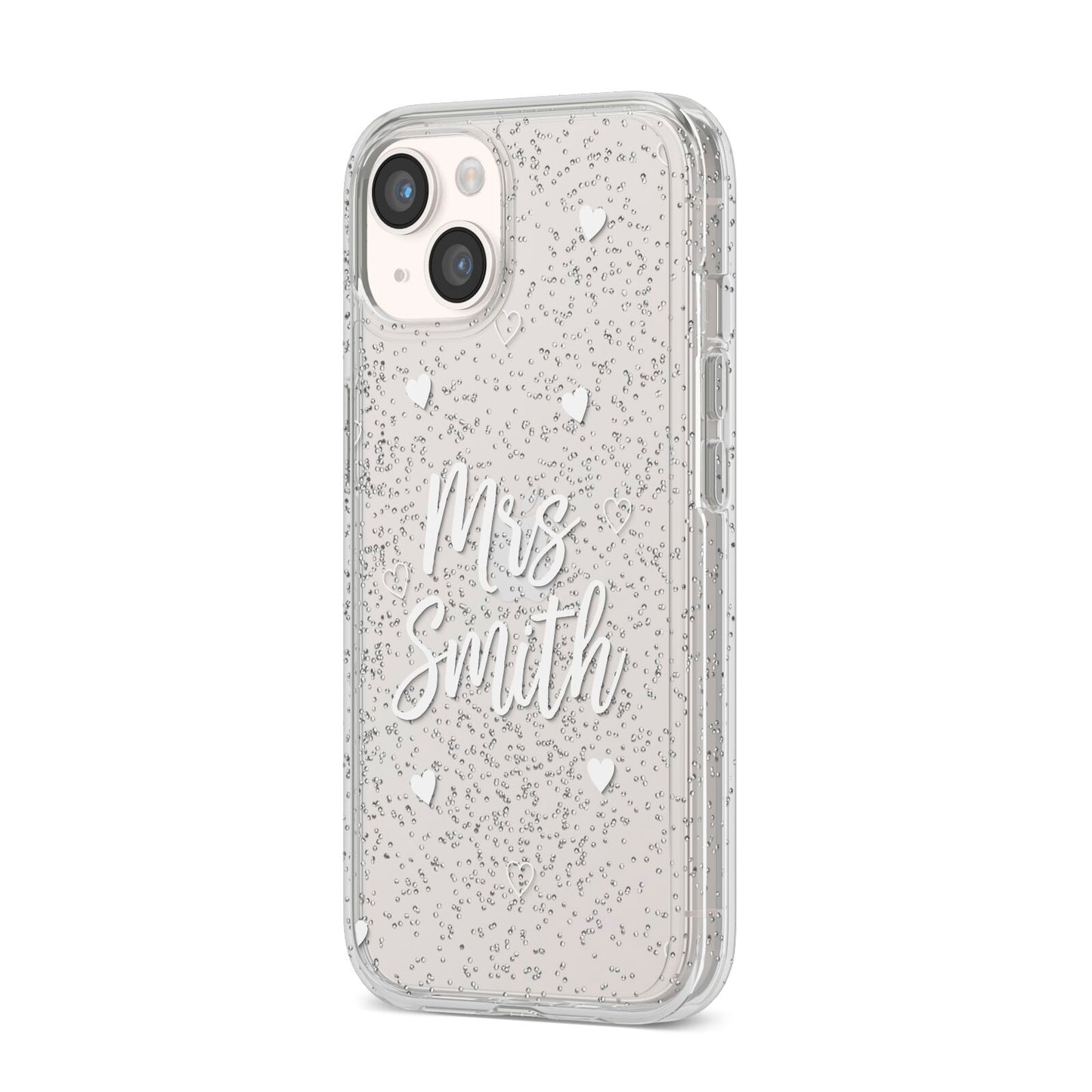 Personalised Mrs with Hearts iPhone 14 Glitter Tough Case Starlight Angled Image