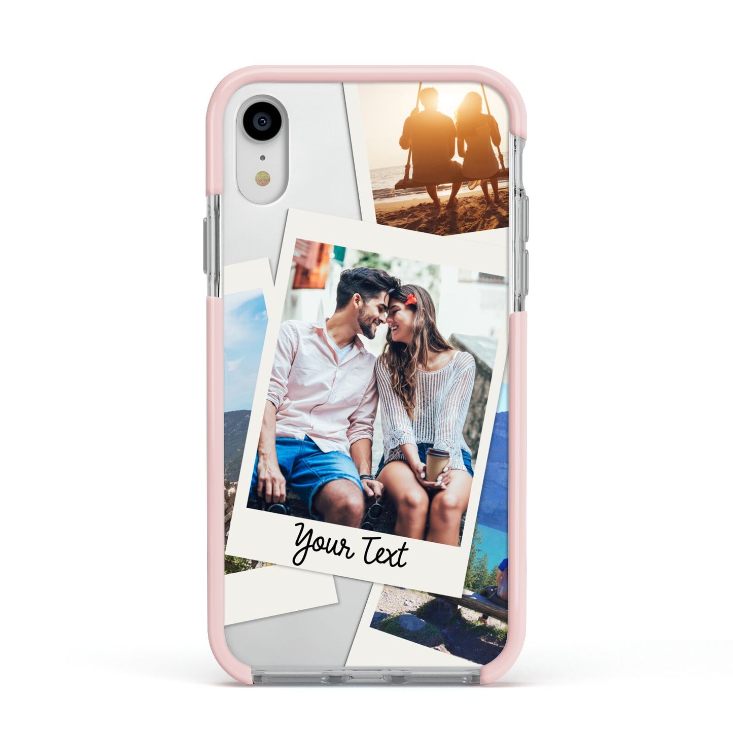 Personalised Multi Photo White Border Apple iPhone XR Impact Case Pink Edge on Silver Phone