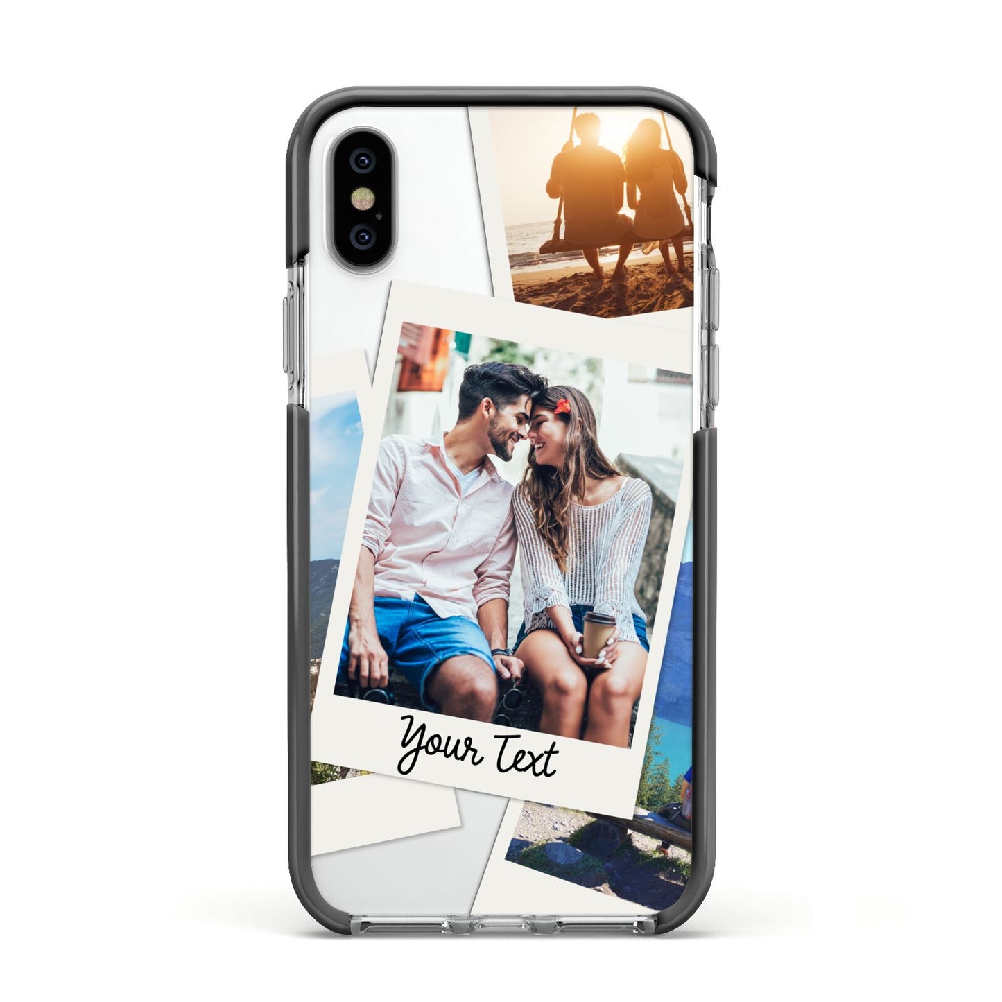 Personalised Multi Photo White Border Apple iPhone Xs Impact Case Black Edge on Silver Phone