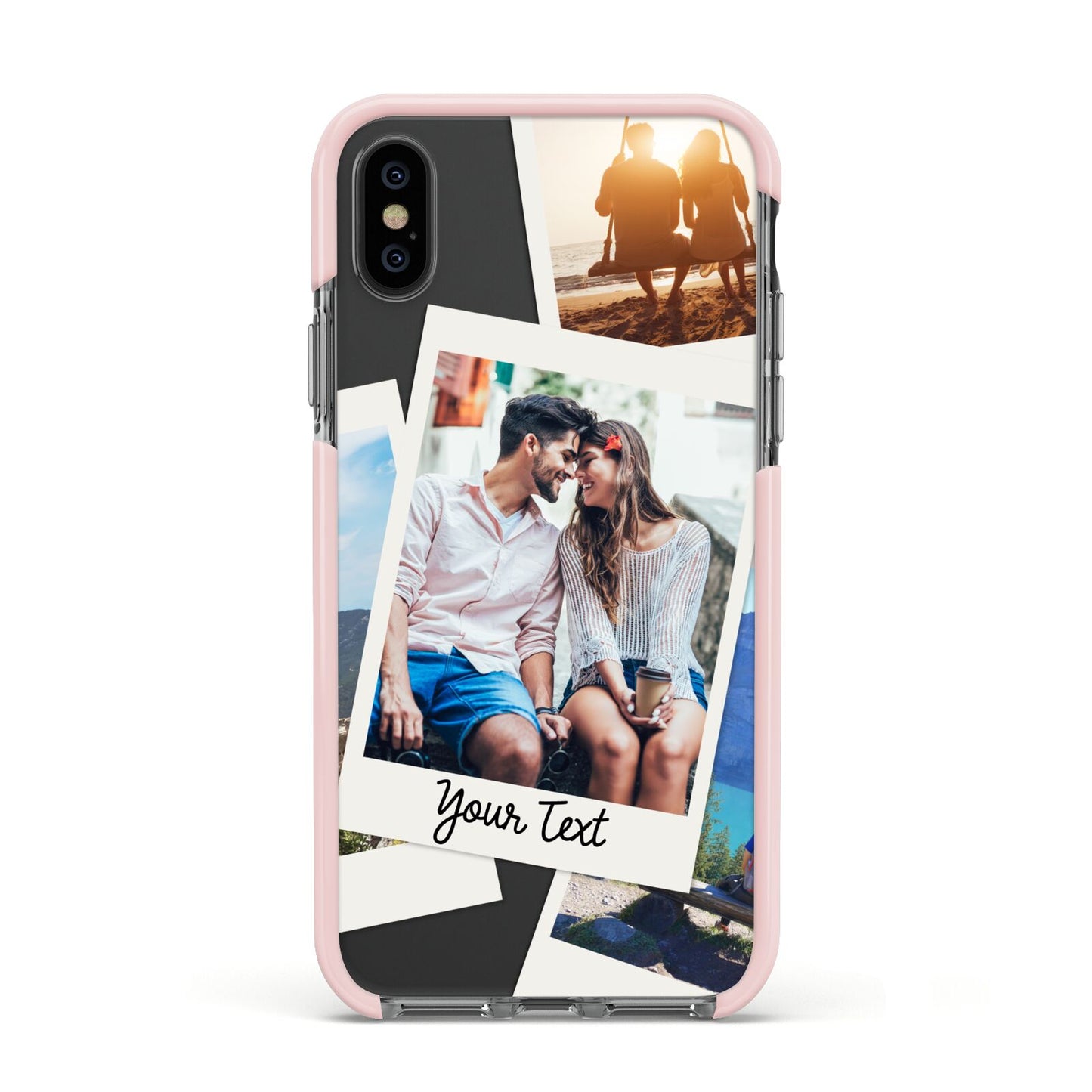 Personalised Multi Photo White Border Apple iPhone Xs Impact Case Pink Edge on Black Phone