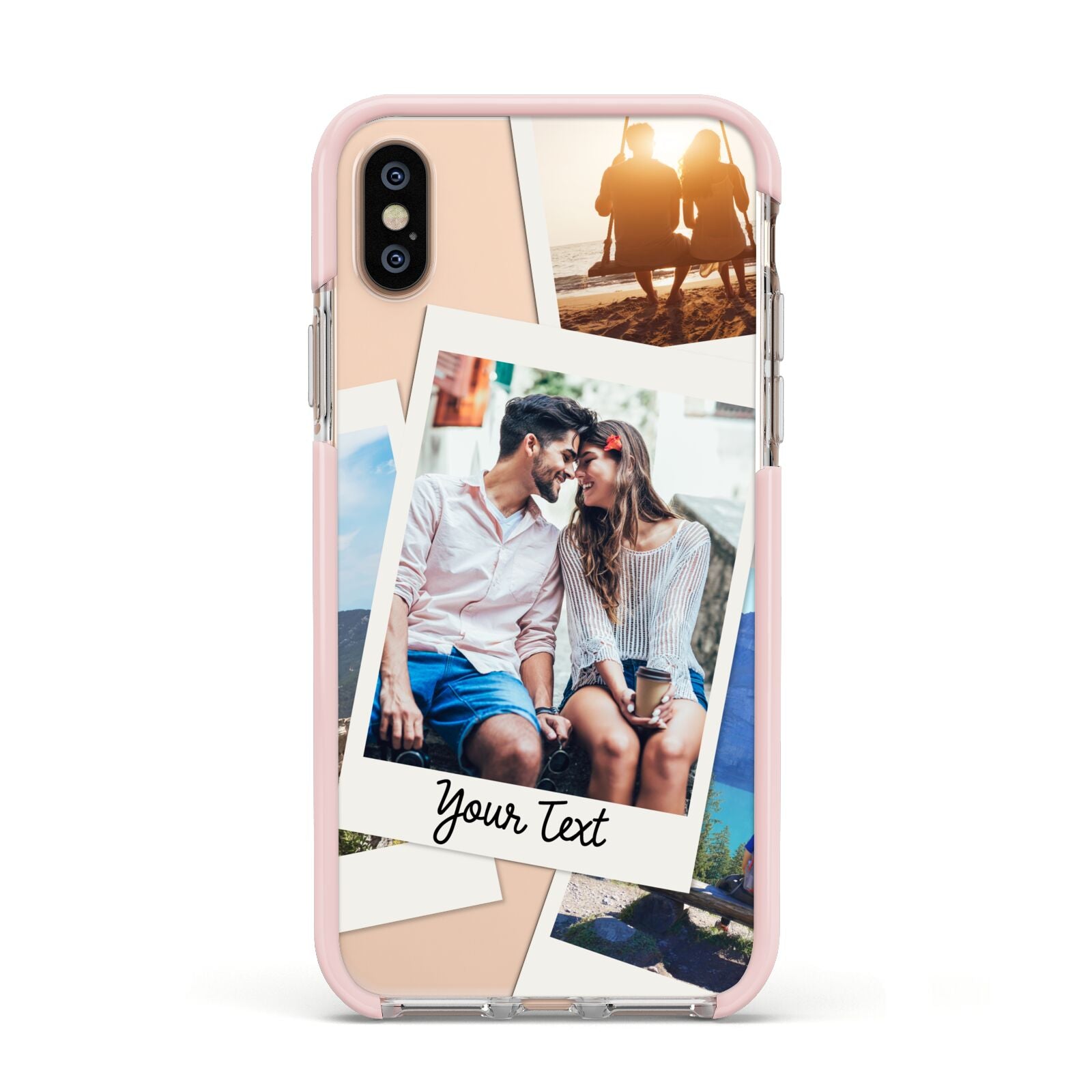 Personalised Multi Photo White Border Apple iPhone Xs Impact Case Pink Edge on Gold Phone