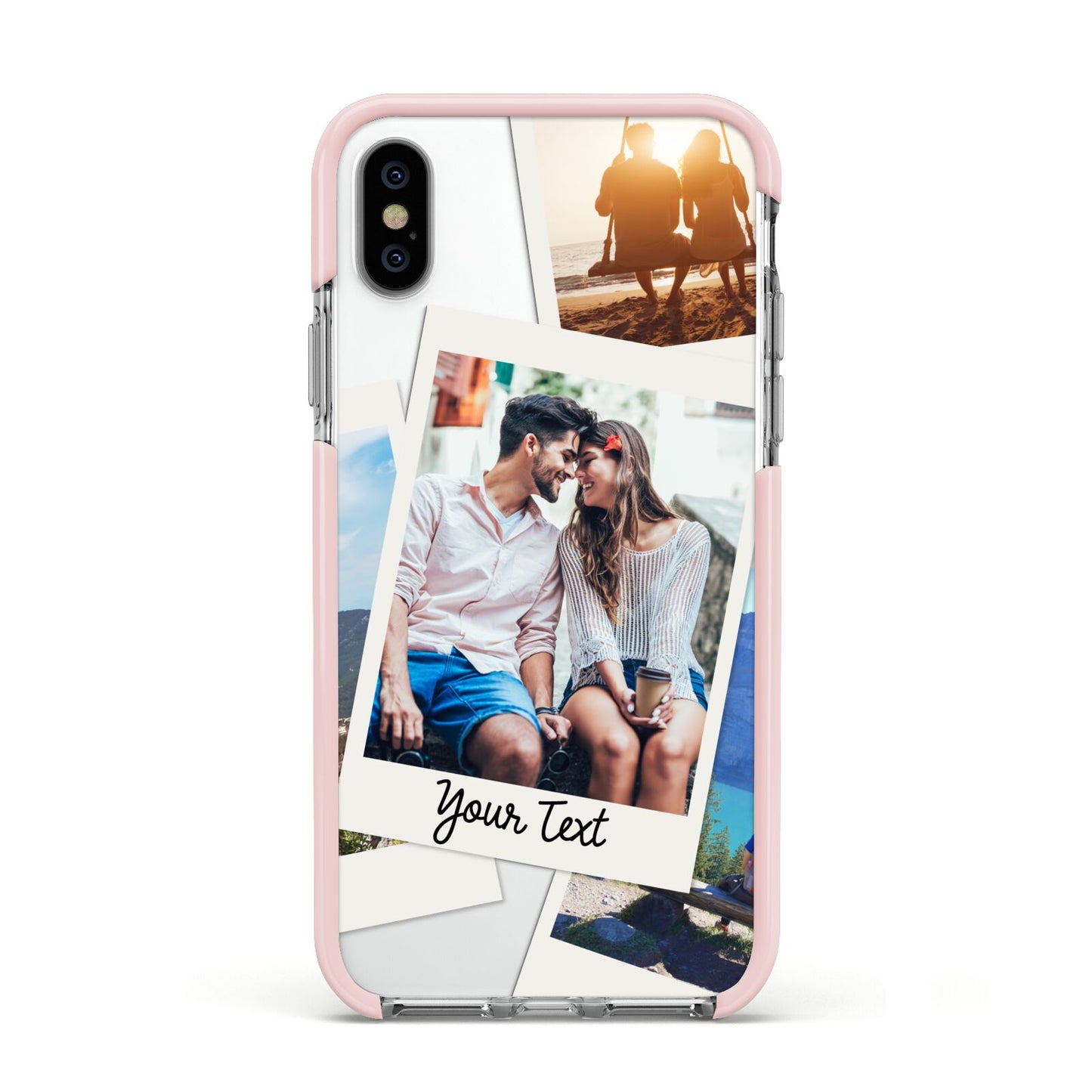 Personalised Multi Photo White Border Apple iPhone Xs Impact Case Pink Edge on Silver Phone