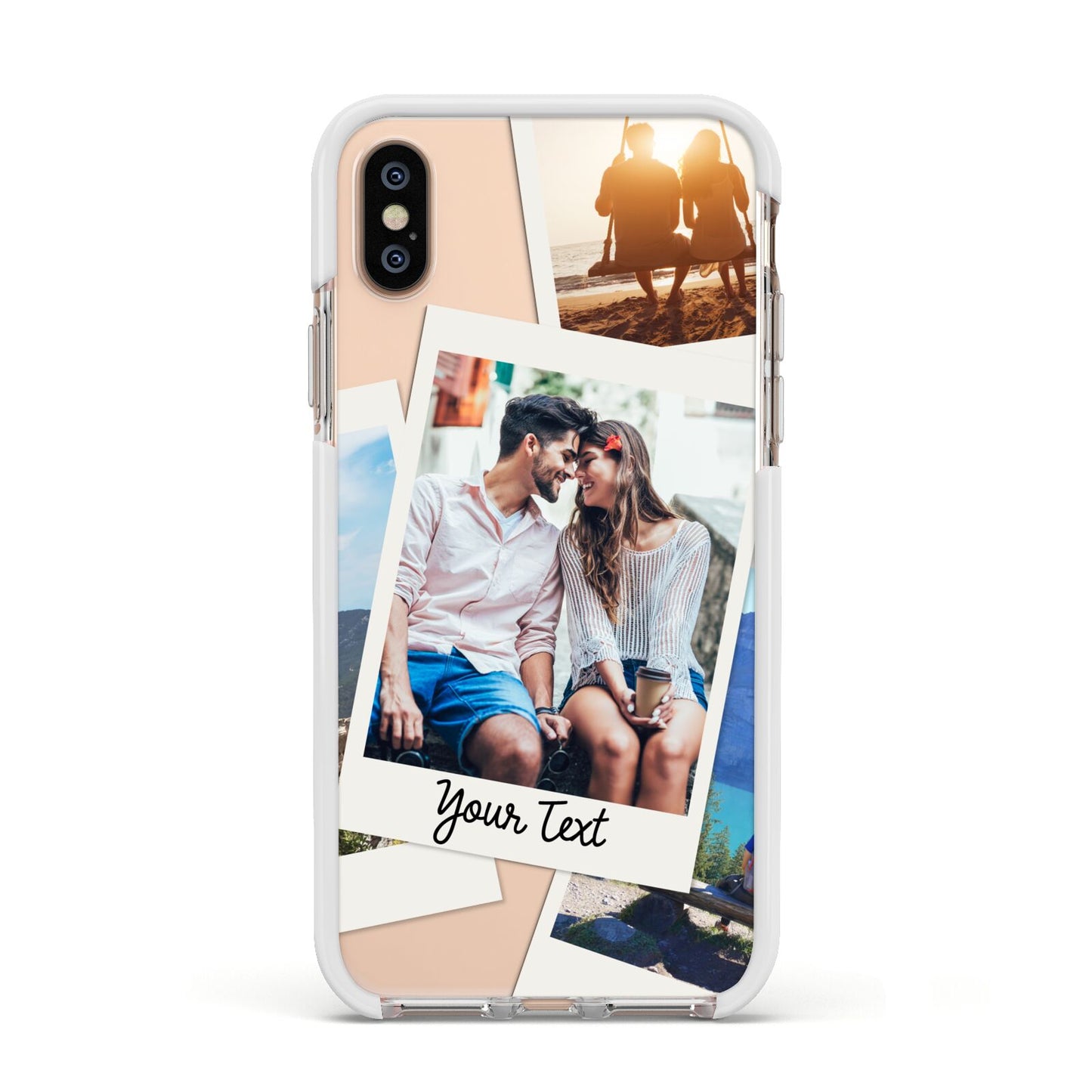 Personalised Multi Photo White Border Apple iPhone Xs Impact Case White Edge on Gold Phone
