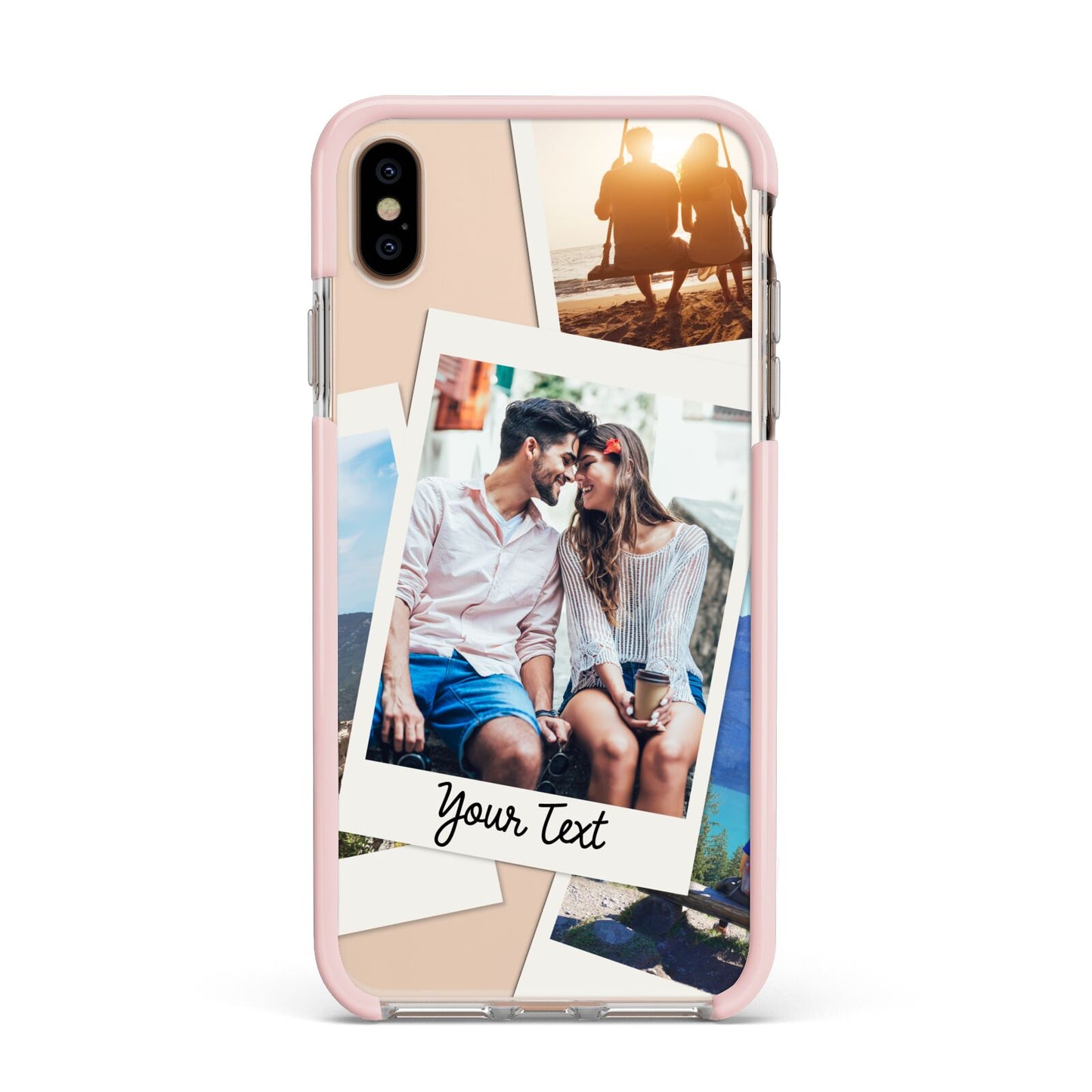 Personalised Multi Photo White Border Apple iPhone Xs Max Impact Case Pink Edge on Gold Phone