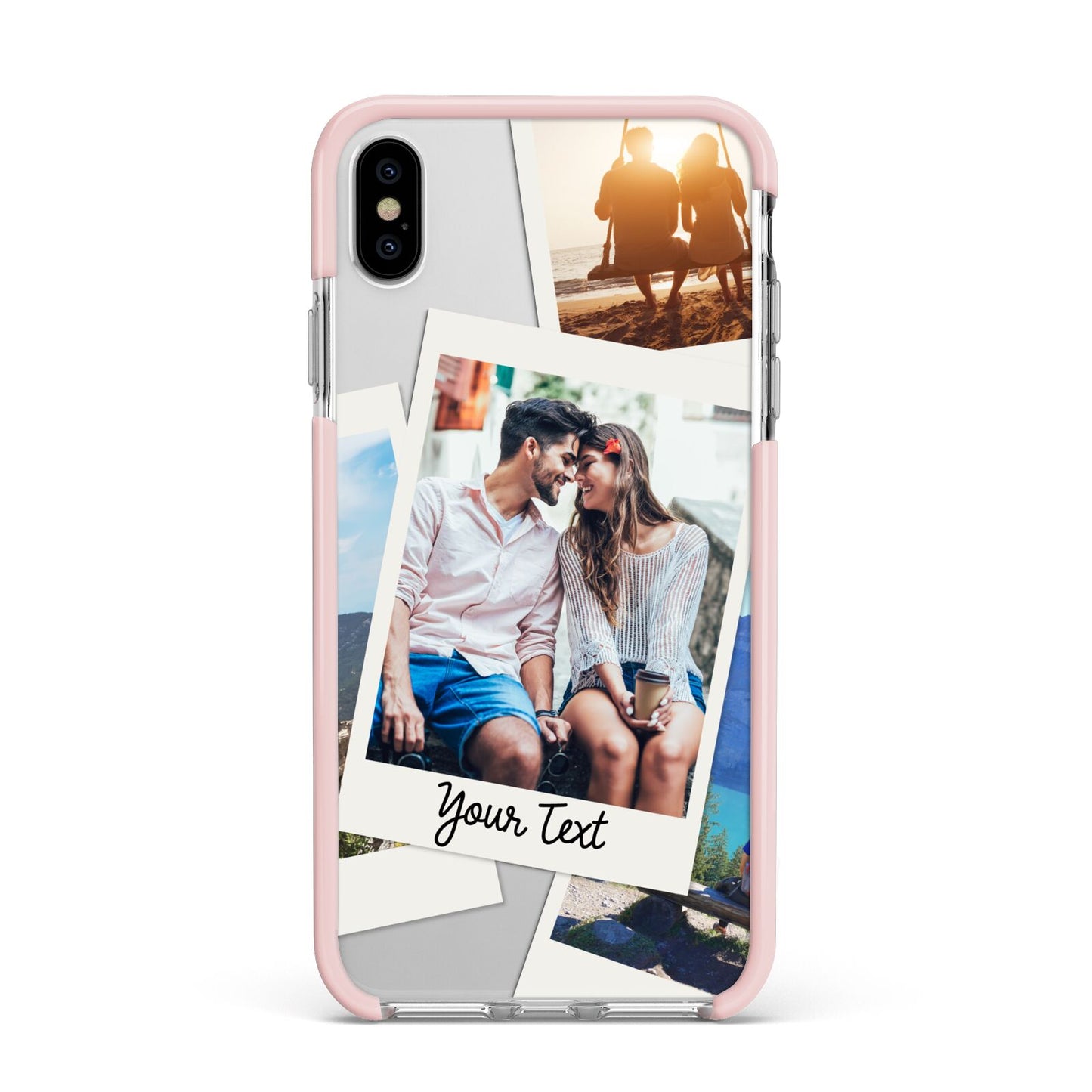 Personalised Multi Photo White Border Apple iPhone Xs Max Impact Case Pink Edge on Silver Phone