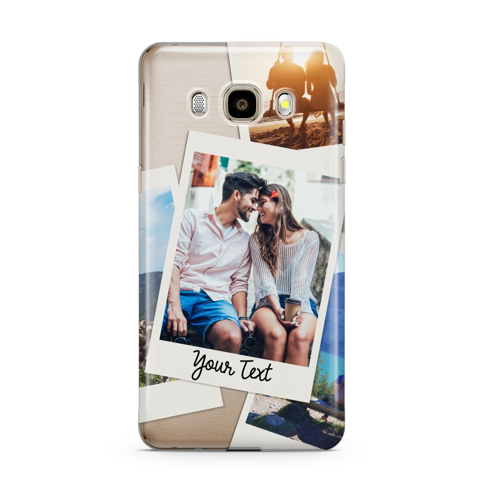 Personalised Multi Photo White Border Samsung Galaxy J7 2016 Case on gold phone