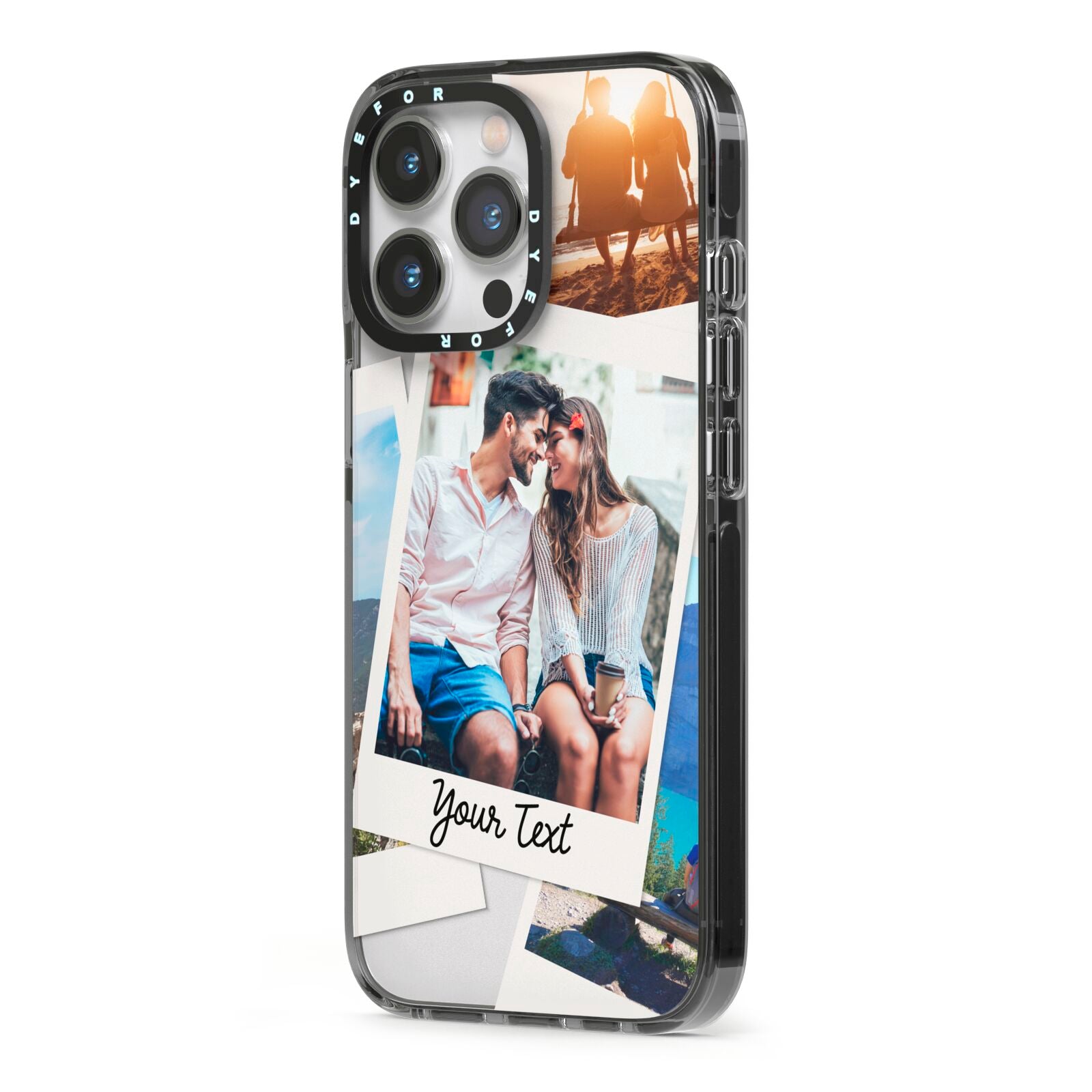 Personalised Multi Photo White Border iPhone 13 Pro Black Impact Case Side Angle on Silver phone