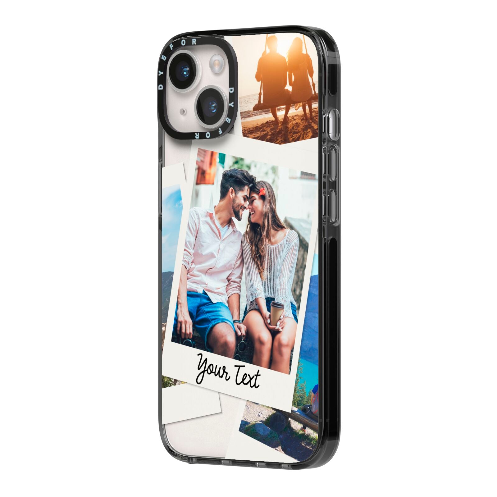 Personalised Multi Photo White Border iPhone 14 Black Impact Case Side Angle on Silver phone
