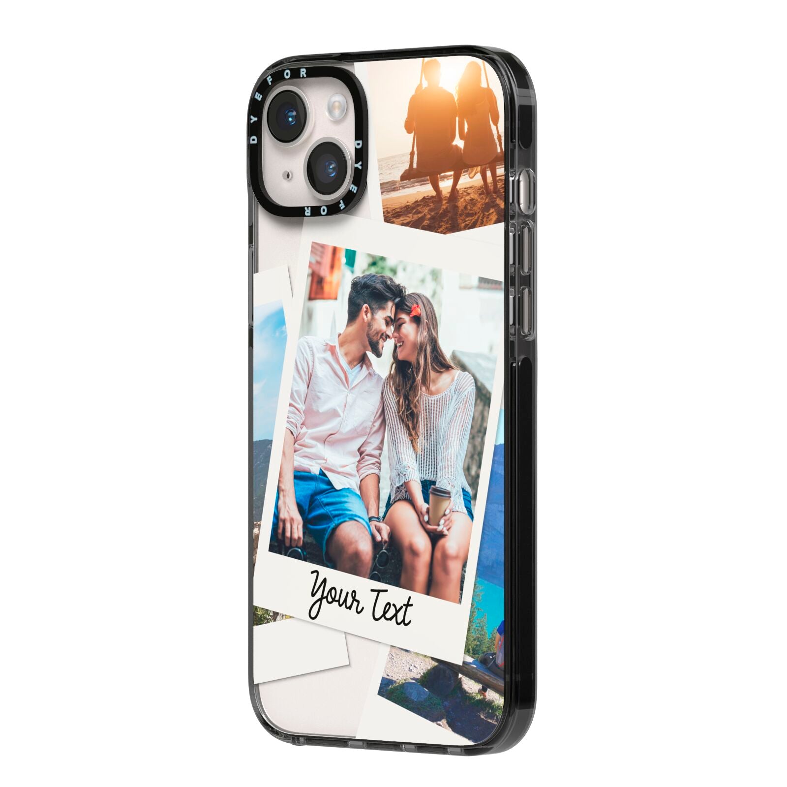 Personalised Multi Photo White Border iPhone 14 Plus Black Impact Case Side Angle on Silver phone