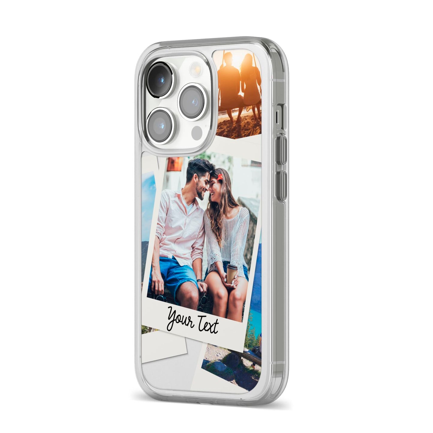 Personalised Multi Photo White Border iPhone 14 Pro Clear Tough Case Silver Angled Image
