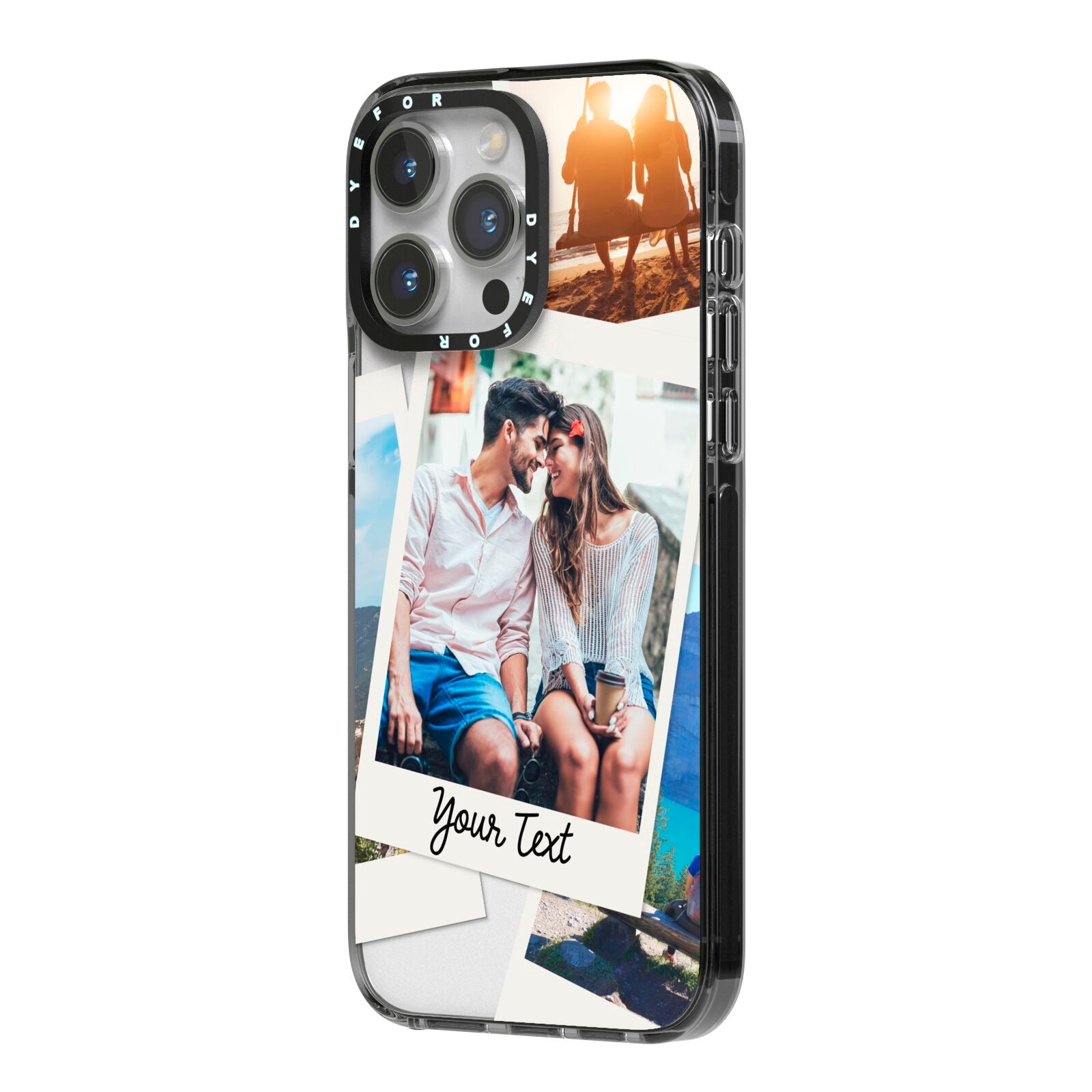Personalised Multi Photo White Border iPhone 14 Pro Max Black Impact Case Side Angle on Silver phone
