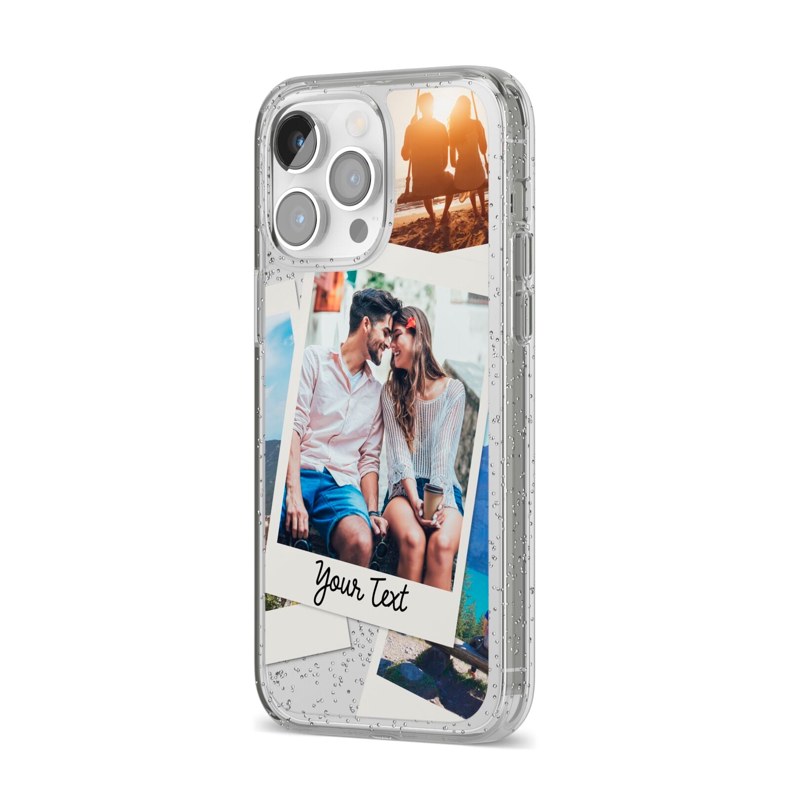 Personalised Multi Photo White Border iPhone 14 Pro Max Glitter Tough Case Silver Angled Image