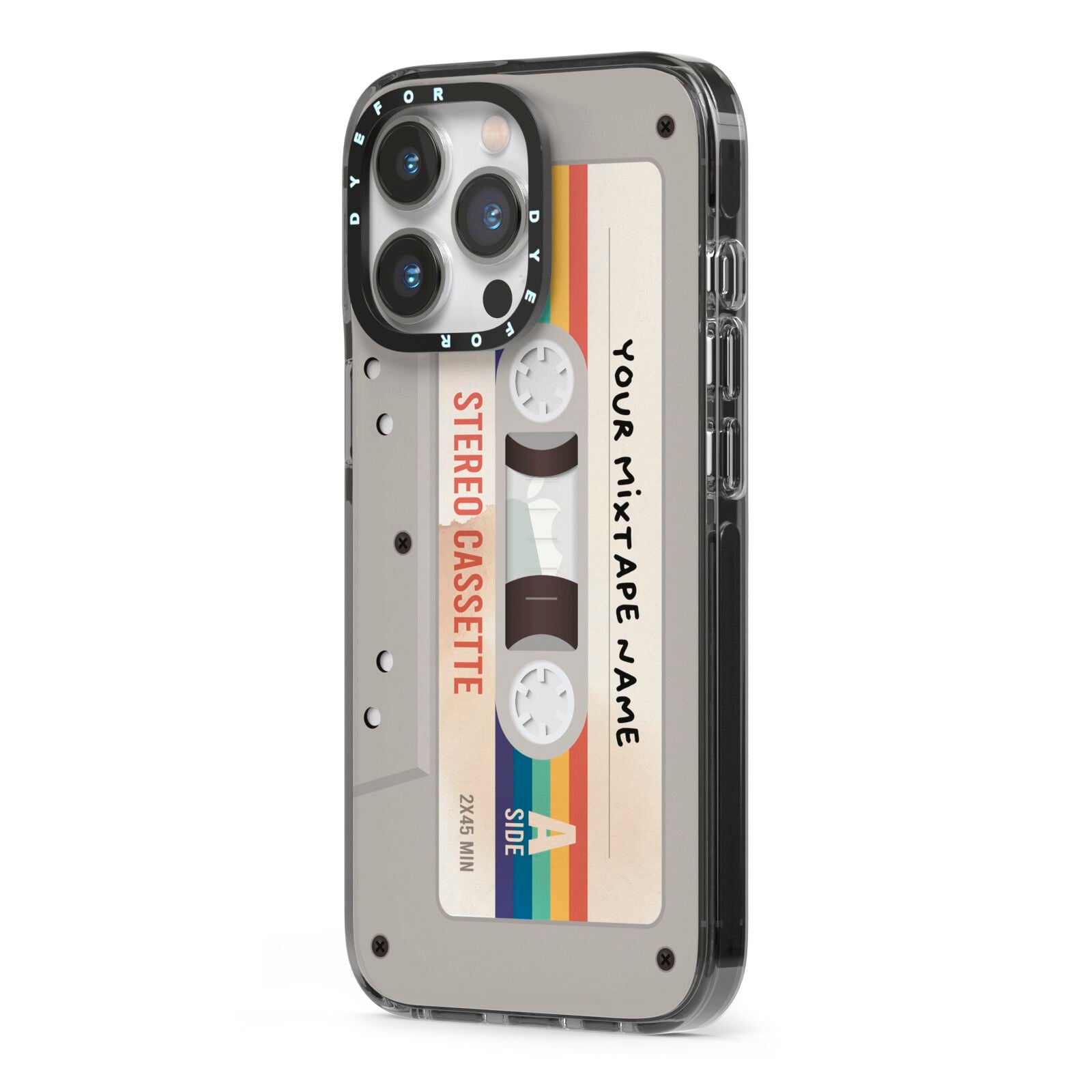 Personalised Multicoloured Mixtape iPhone 13 Pro Black Impact Case Side Angle on Silver phone