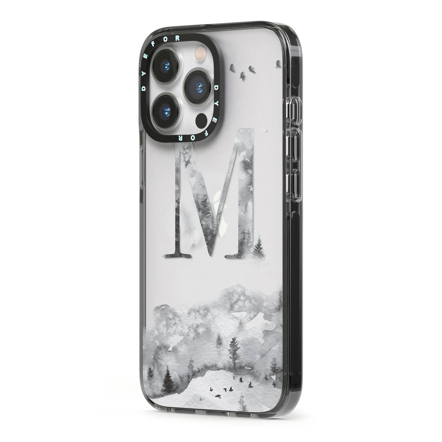 Personalised Mystical Monogram Clear iPhone 13 Pro Black Impact Case Side Angle on Silver phone