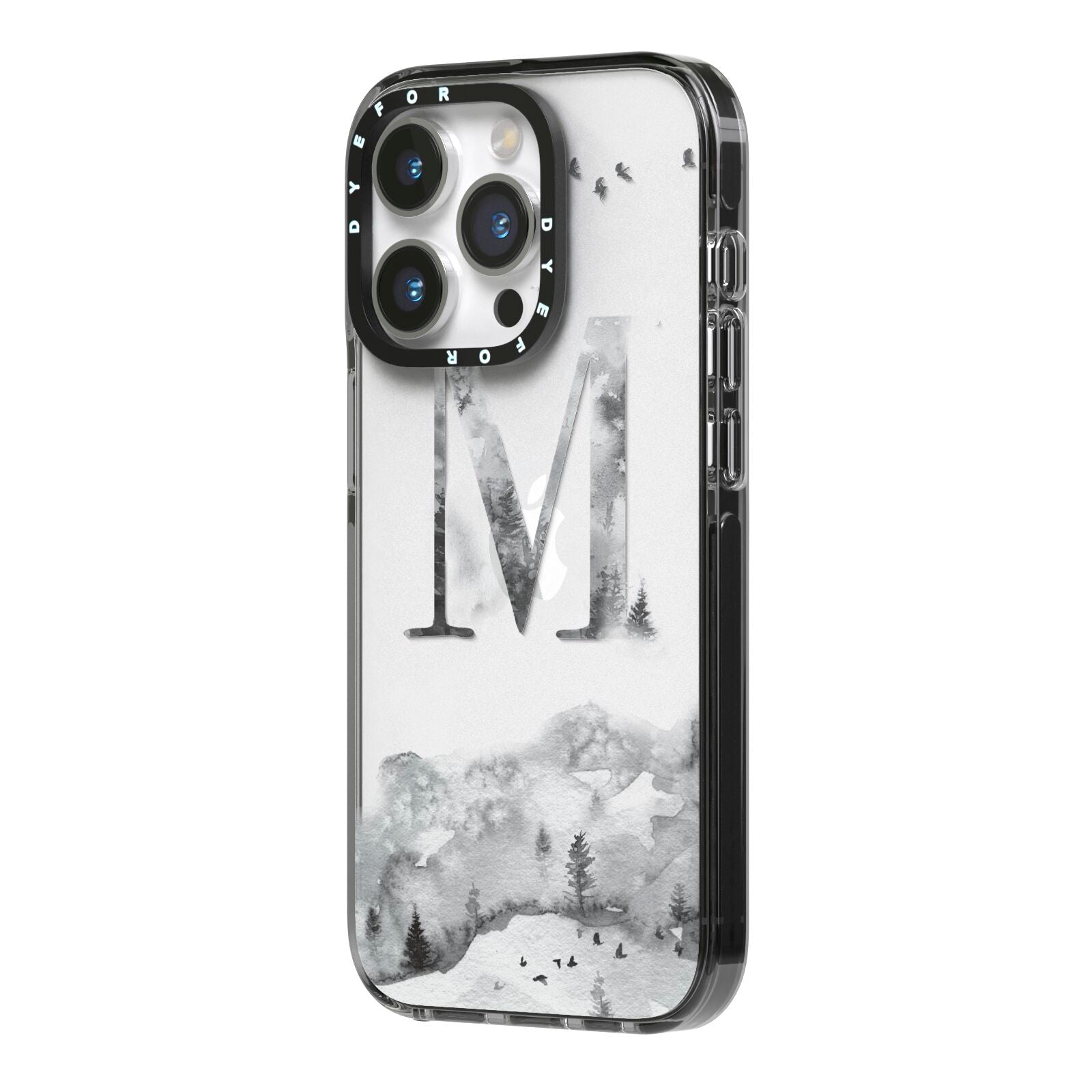 Personalised Mystical Monogram Clear iPhone 14 Pro Black Impact Case Side Angle on Silver phone