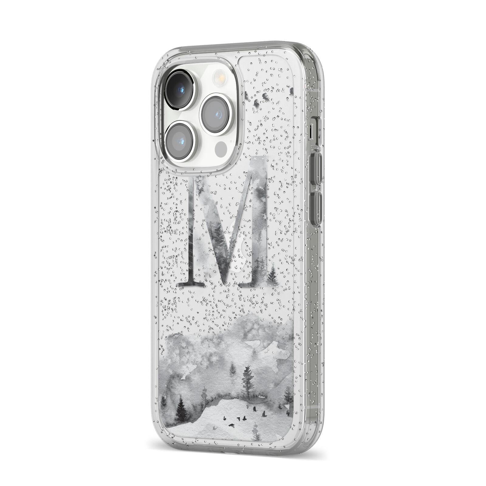 Personalised Mystical Monogram Clear iPhone 14 Pro Glitter Tough Case Silver Angled Image