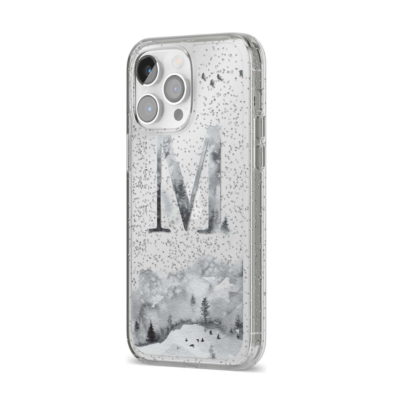 Personalised Mystical Monogram Clear iPhone 14 Pro Max Glitter Tough Case Silver Angled Image