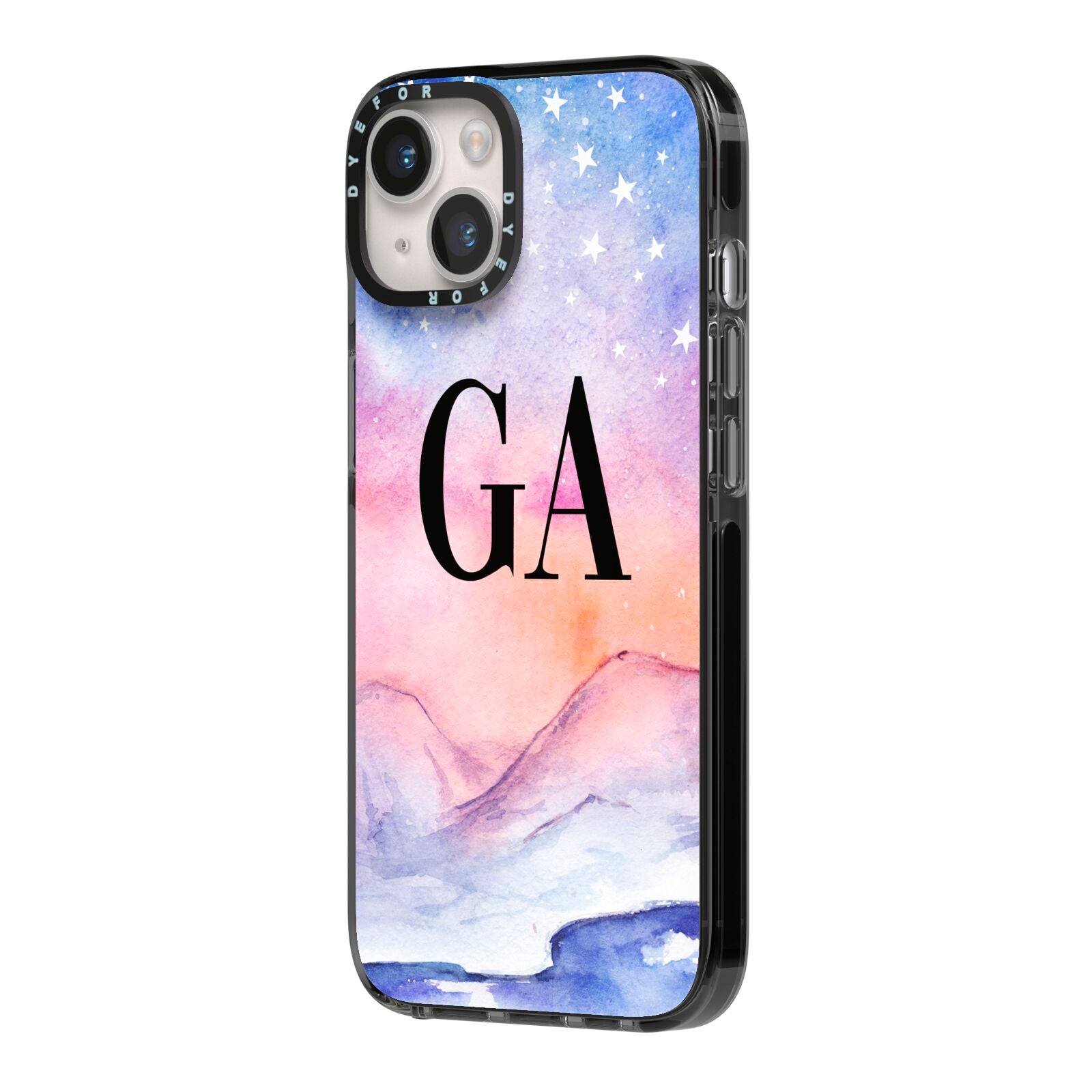 Personalised Mystical Sky iPhone 14 Black Impact Case Side Angle on Silver phone