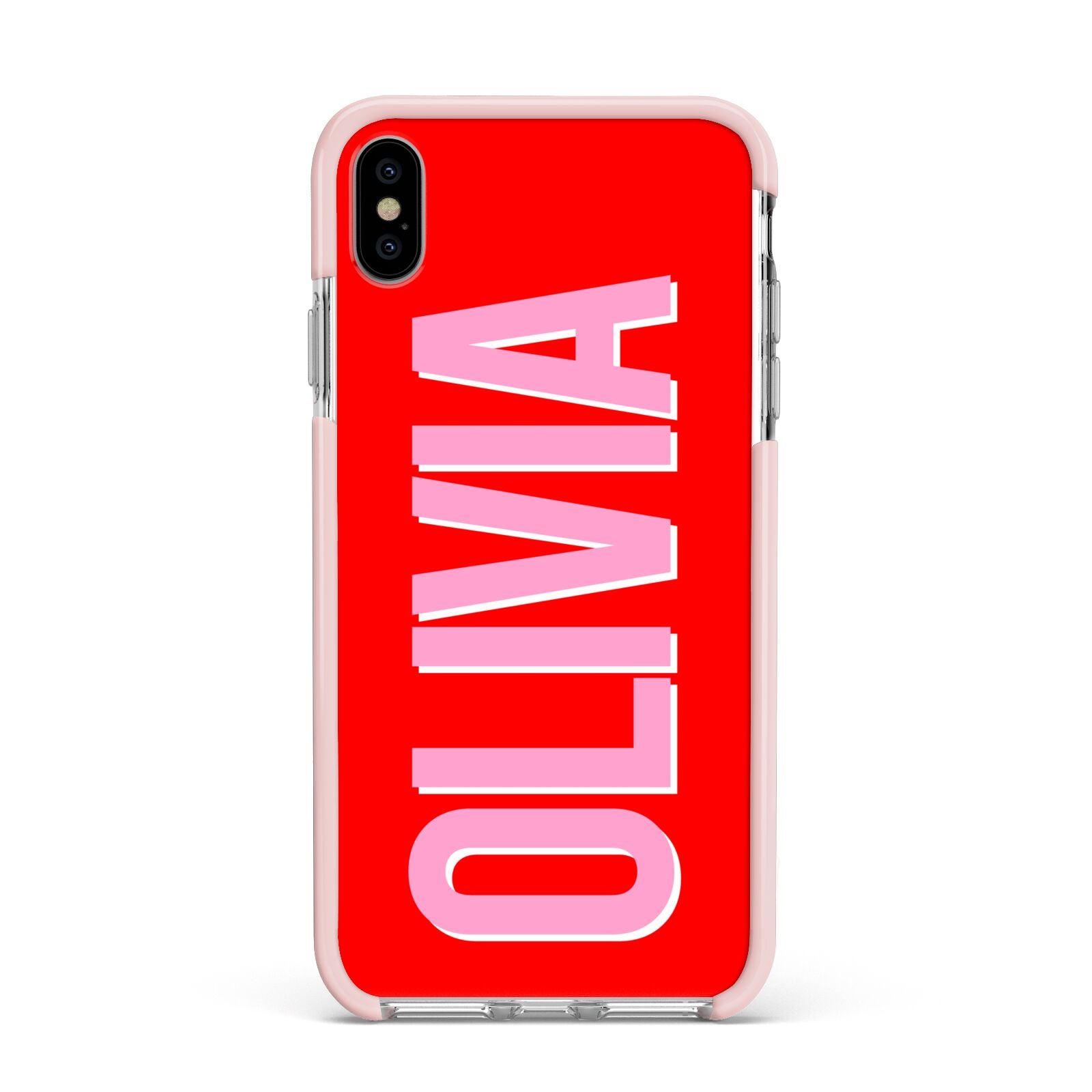 Personalised Name Apple iPhone Xs Max Impact Case Pink Edge on Silver Phone