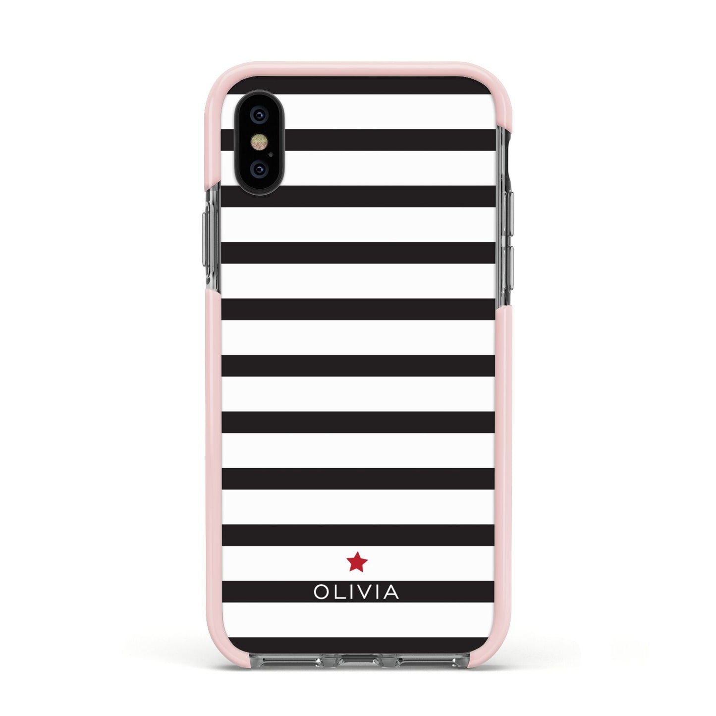 Personalised Name Black White Apple iPhone Xs Impact Case Pink Edge on Black Phone