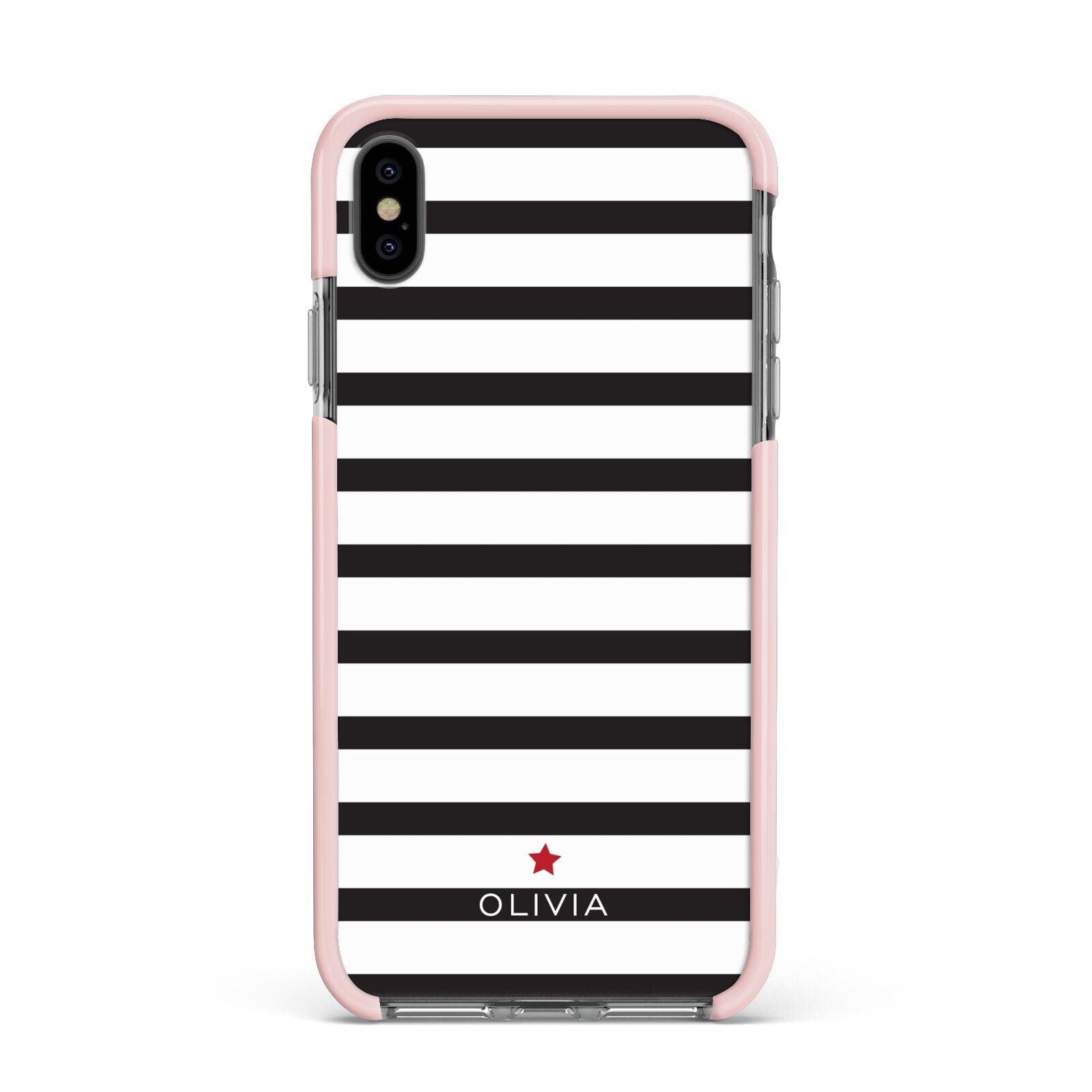 Personalised Name Black White Apple iPhone Xs Max Impact Case Pink Edge on Black Phone