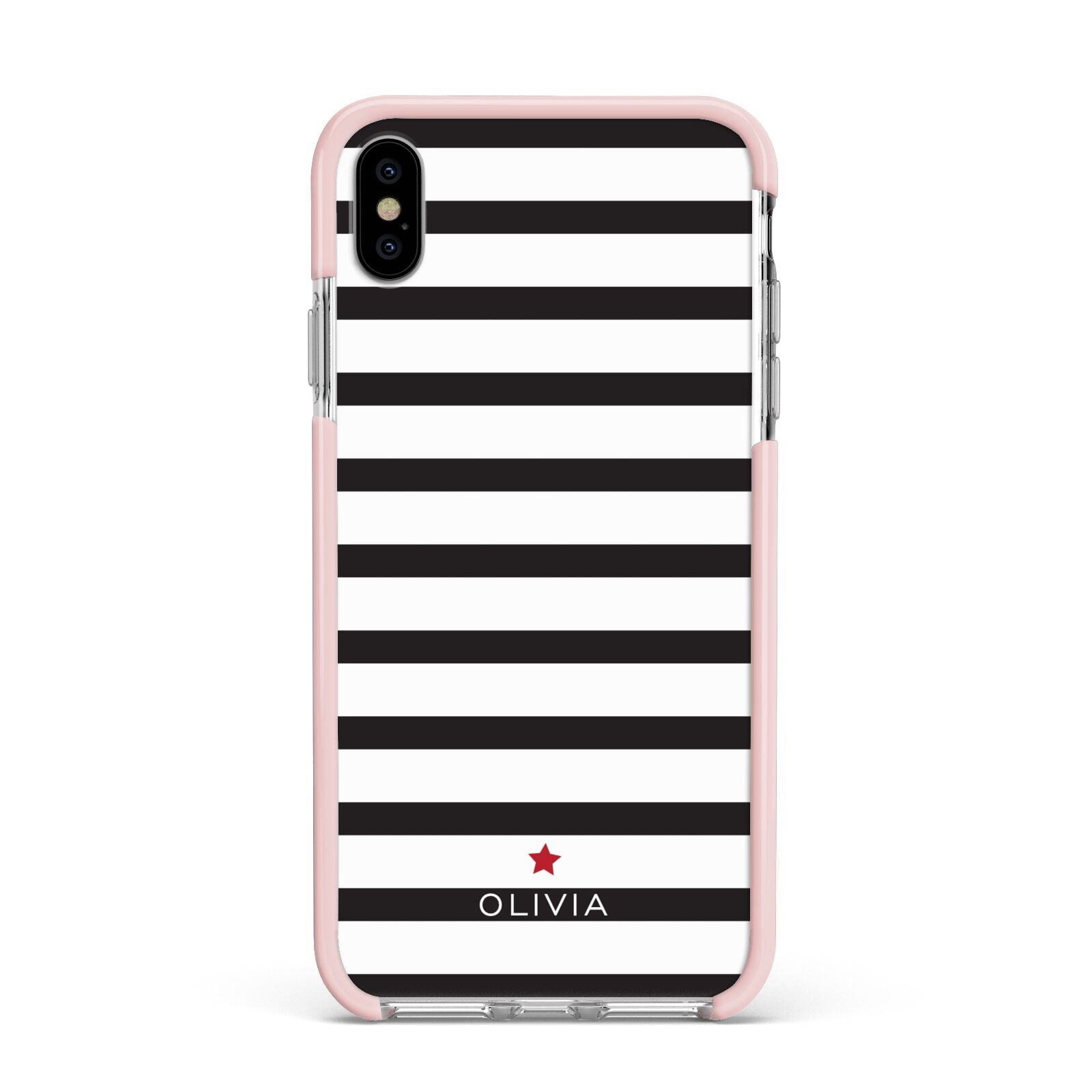 Personalised Name Black White Apple iPhone Xs Max Impact Case Pink Edge on Silver Phone