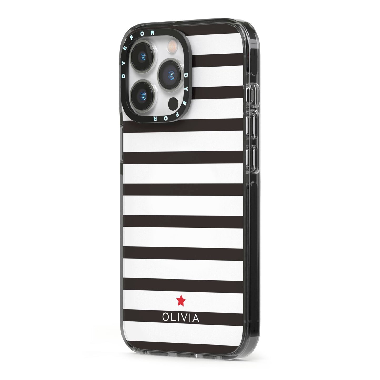 Personalised Name Black White iPhone 13 Pro Black Impact Case Side Angle on Silver phone