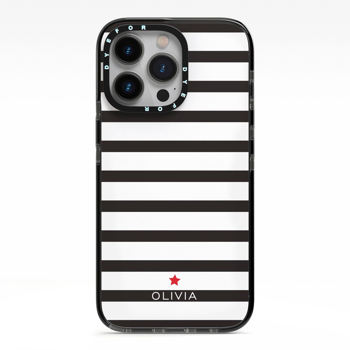 Personalised Name Black White iPhone 13 Pro Black Impact Case on Silver phone
