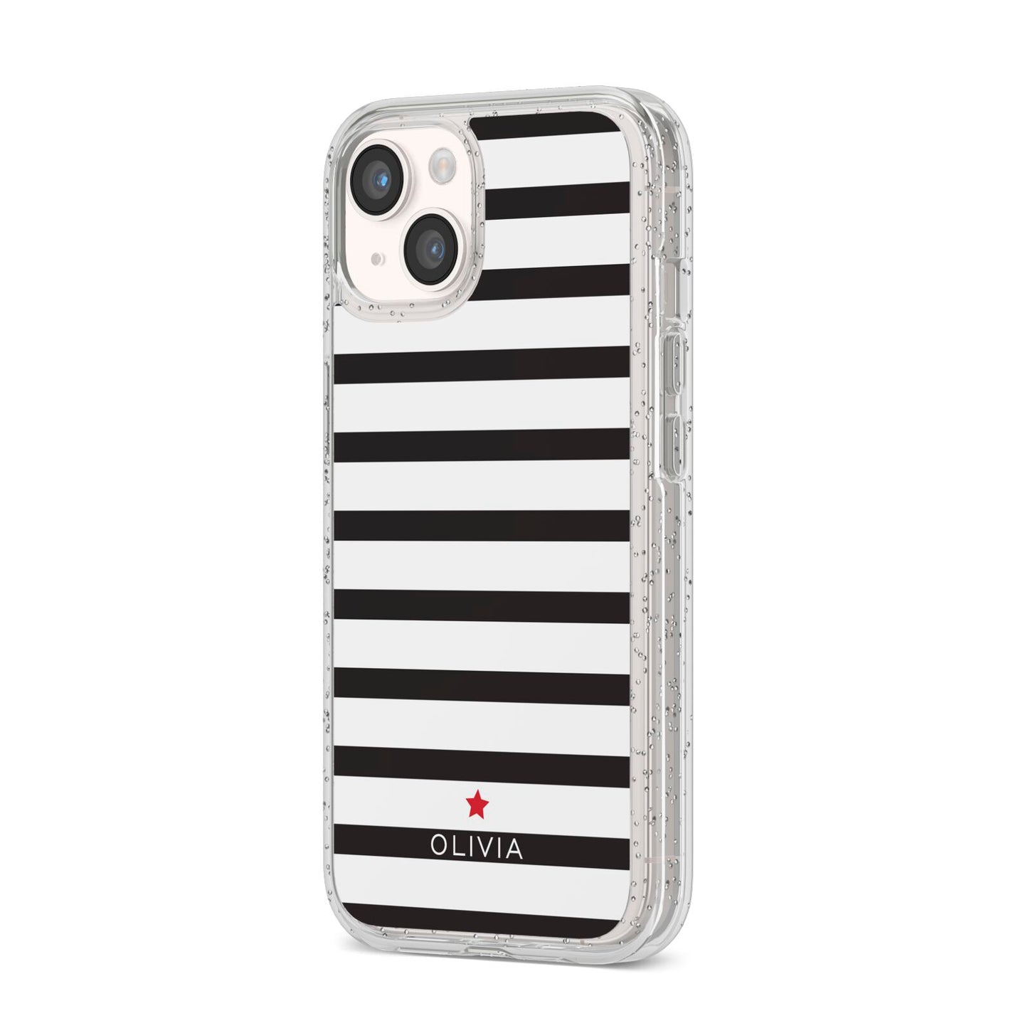 Personalised Name Black White iPhone 14 Glitter Tough Case Starlight Angled Image