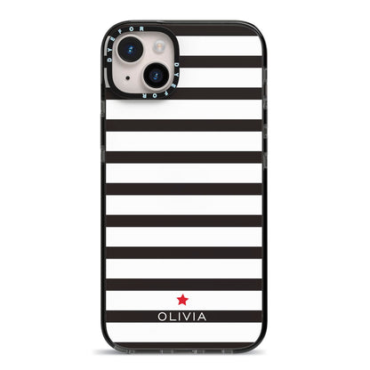 Personalised Name Black White iPhone 14 Plus Black Impact Case on Silver phone