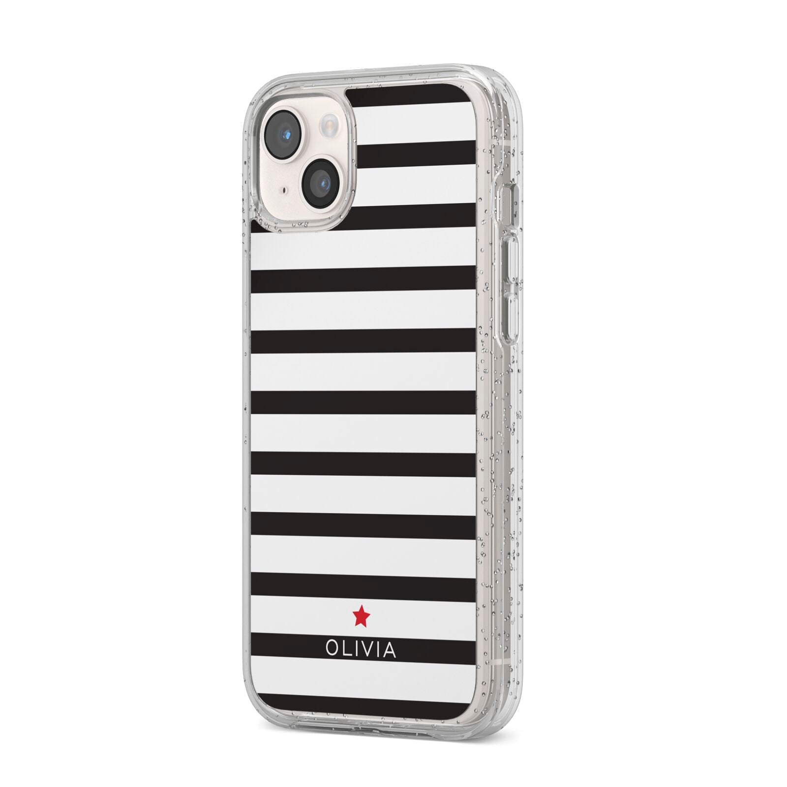 Personalised Name Black White iPhone 14 Plus Glitter Tough Case Starlight Angled Image