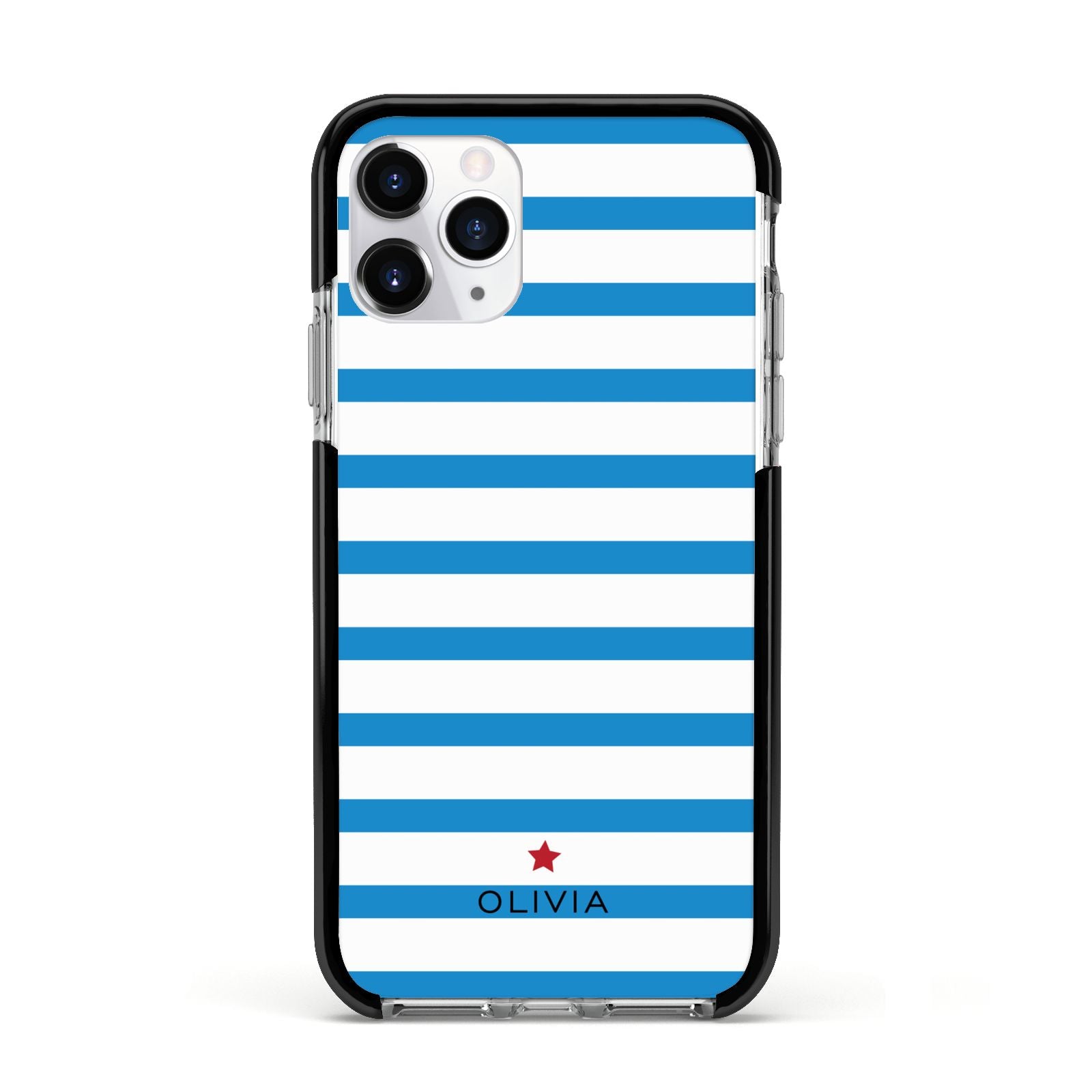 Personalised Name Blue White Apple iPhone 11 Pro in Silver with Black Impact Case