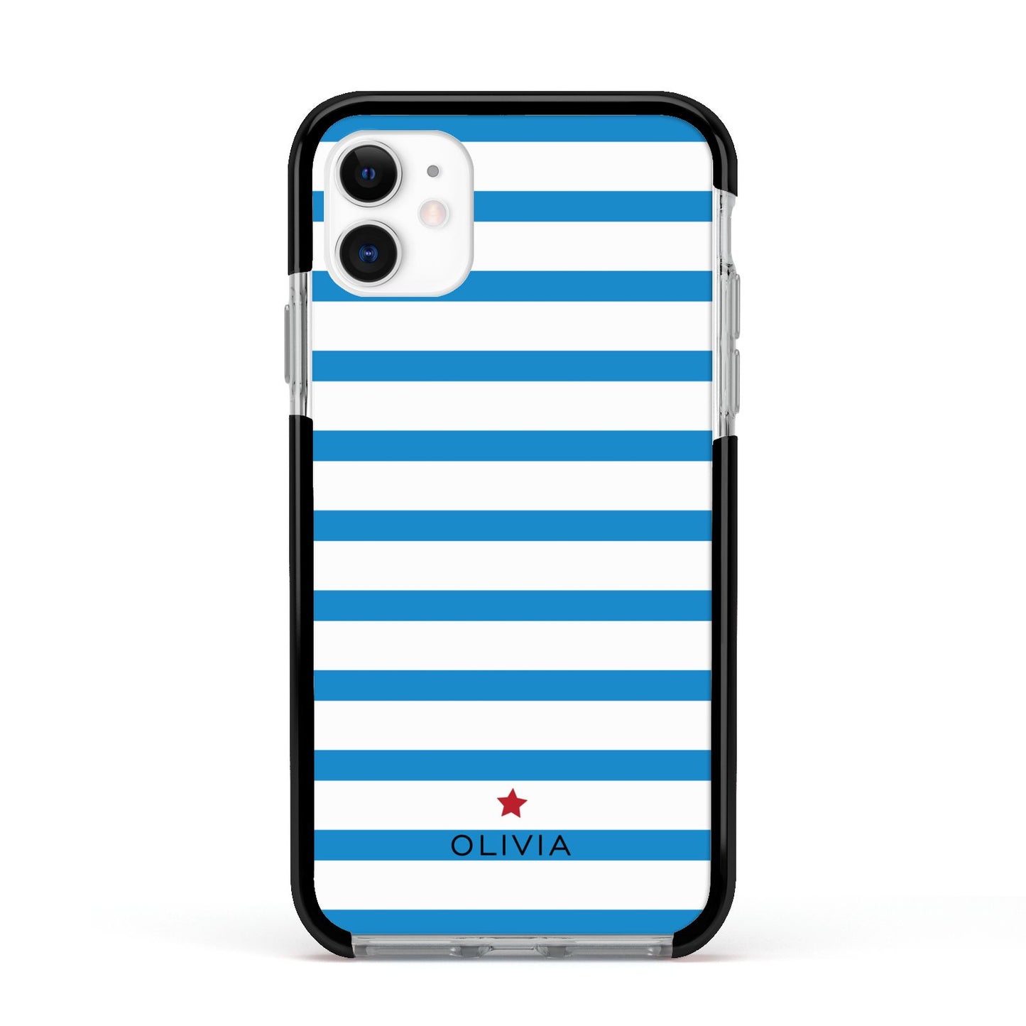 Personalised Name Blue White Apple iPhone 11 in White with Black Impact Case