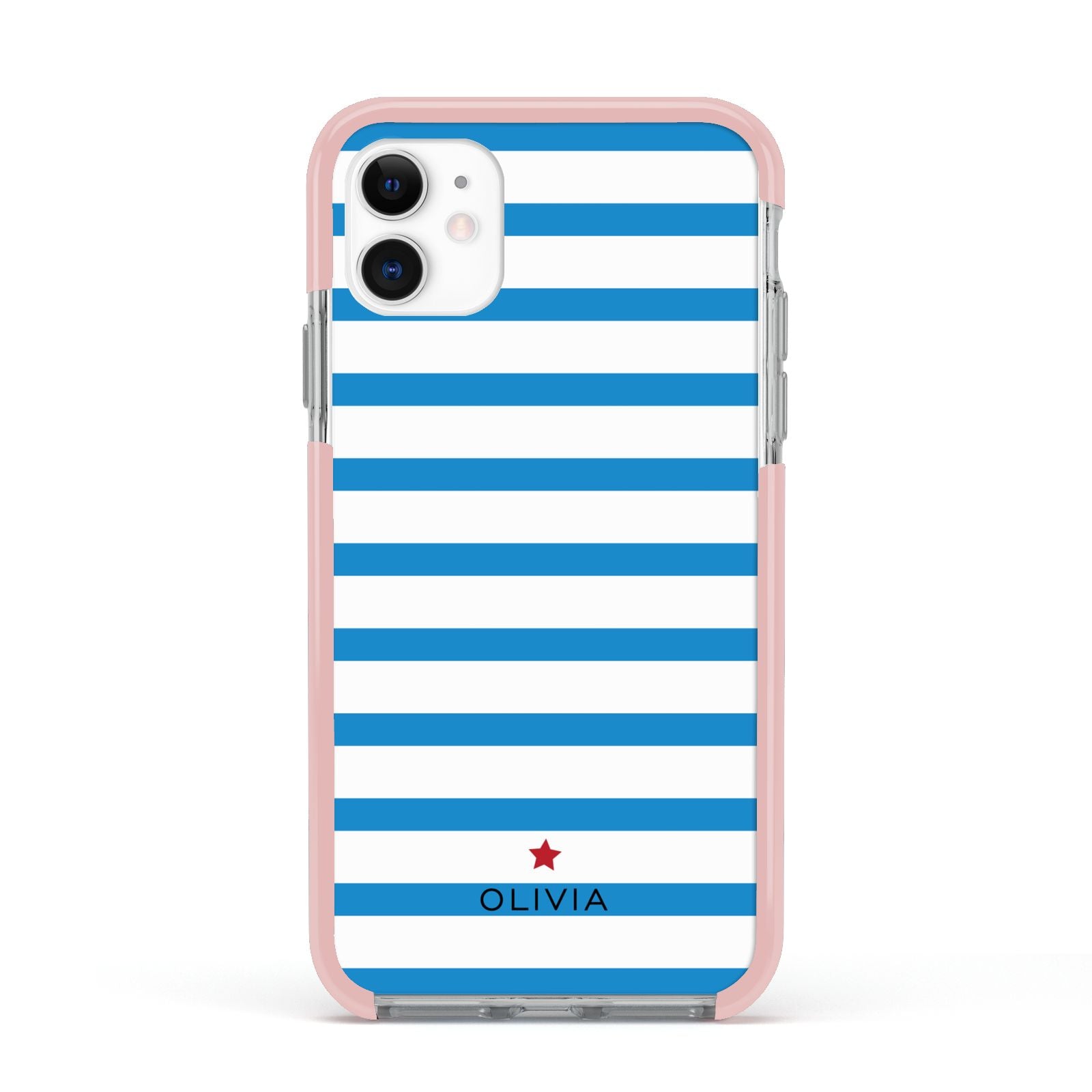 Personalised Name Blue White Apple iPhone 11 in White with Pink Impact Case