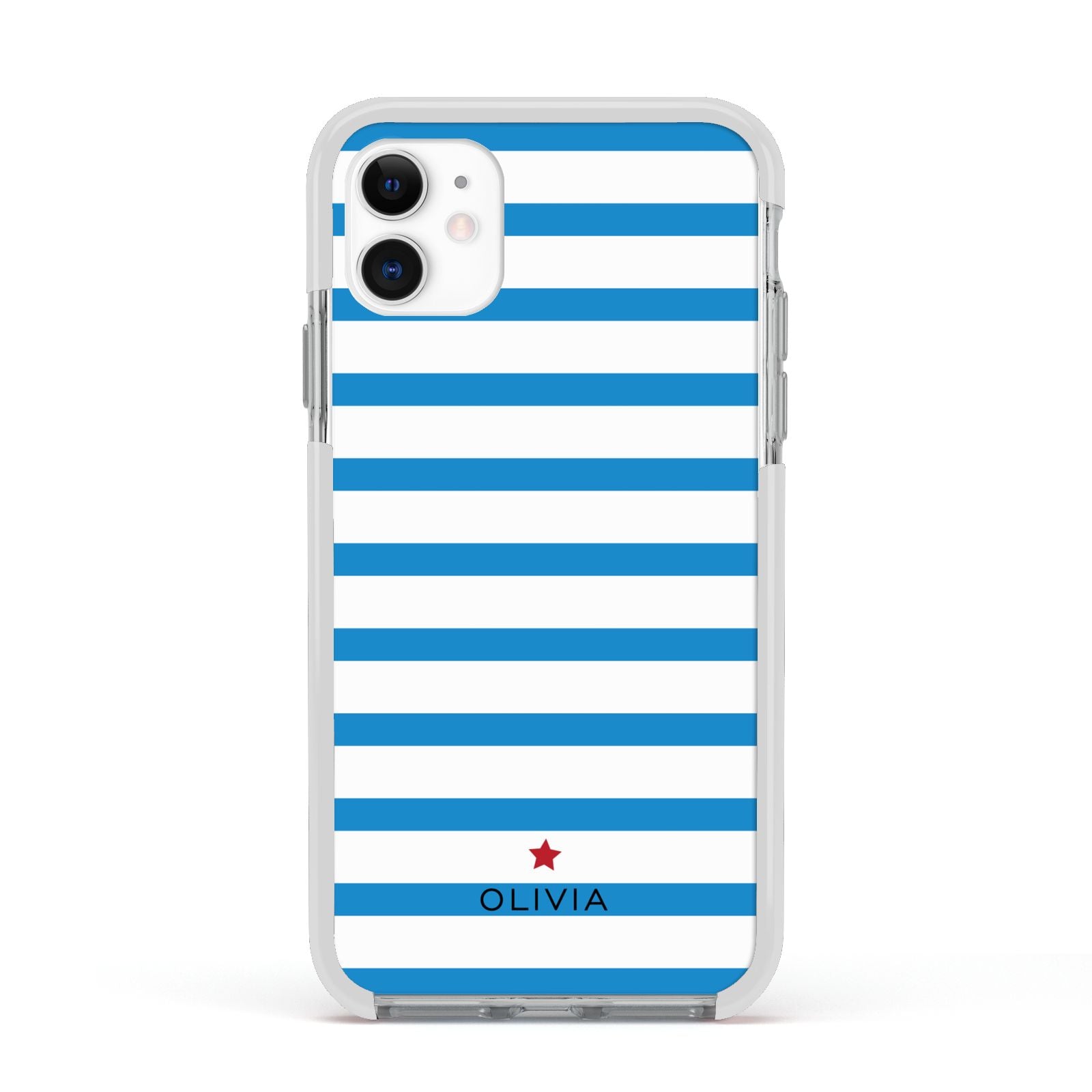 Personalised Name Blue White Apple iPhone 11 in White with White Impact Case