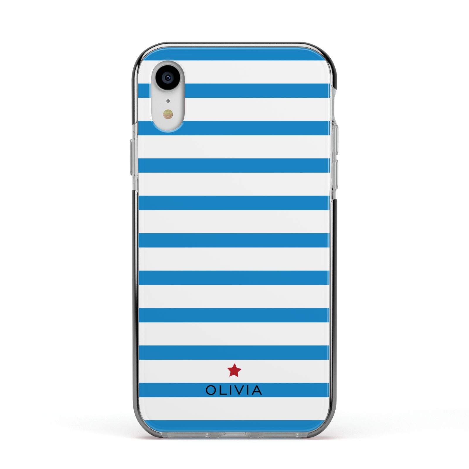 Personalised Name Blue White Apple iPhone XR Impact Case Black Edge on Silver Phone