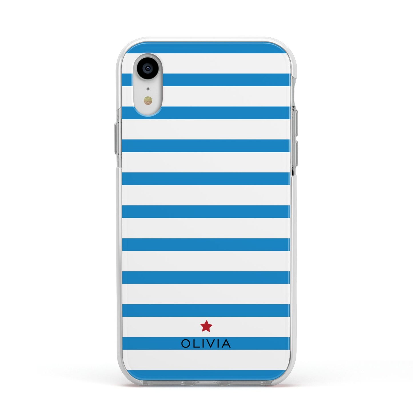 Personalised Name Blue White Apple iPhone XR Impact Case White Edge on Silver Phone