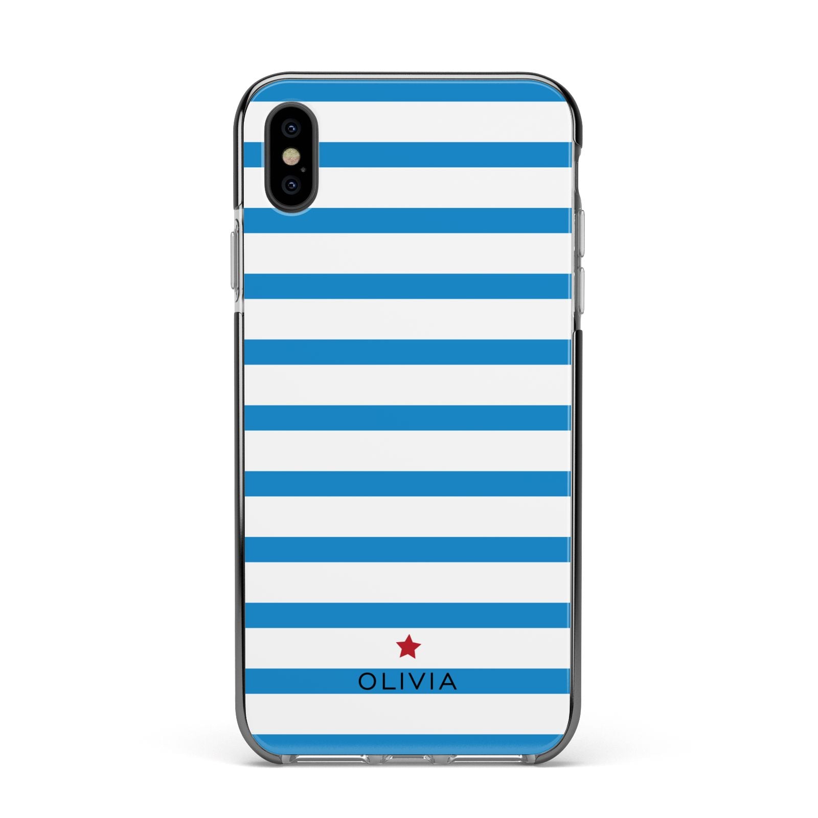 Personalised Name Blue White Apple iPhone Xs Max Impact Case Black Edge on Black Phone