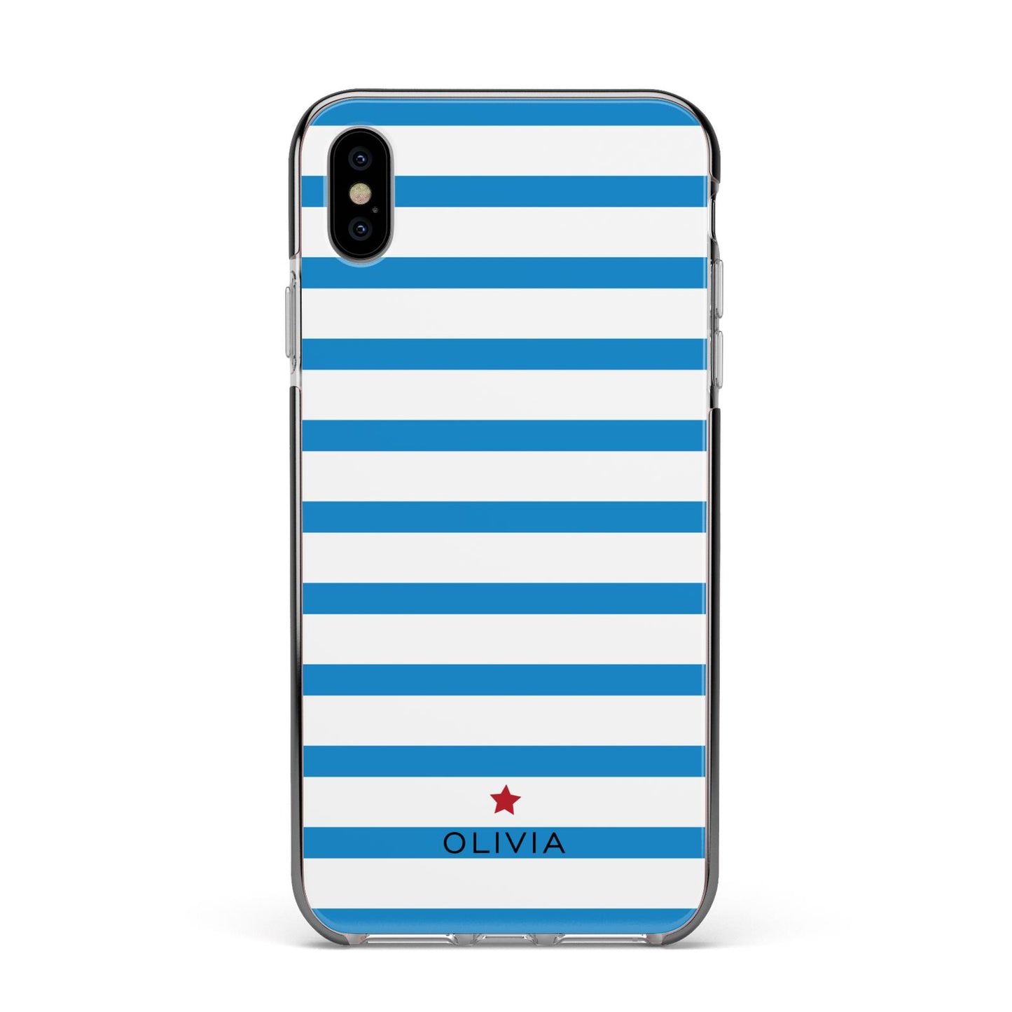 Personalised Name Blue White Apple iPhone Xs Max Impact Case Black Edge on Silver Phone