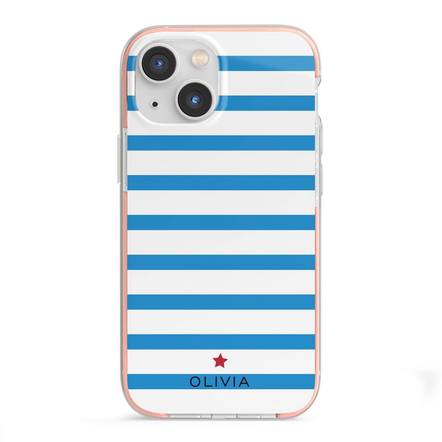Personalised Name Blue White iPhone 13 Mini TPU Impact Case with Pink Edges