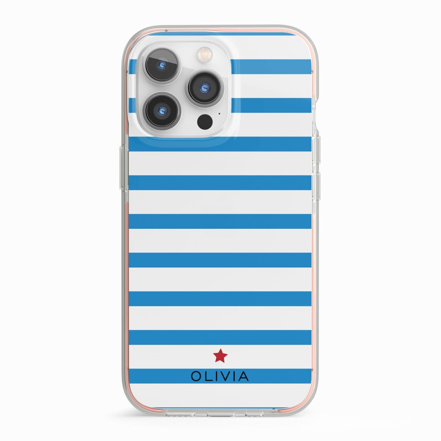 Personalised Name Blue White iPhone 13 Pro TPU Impact Case with Pink Edges