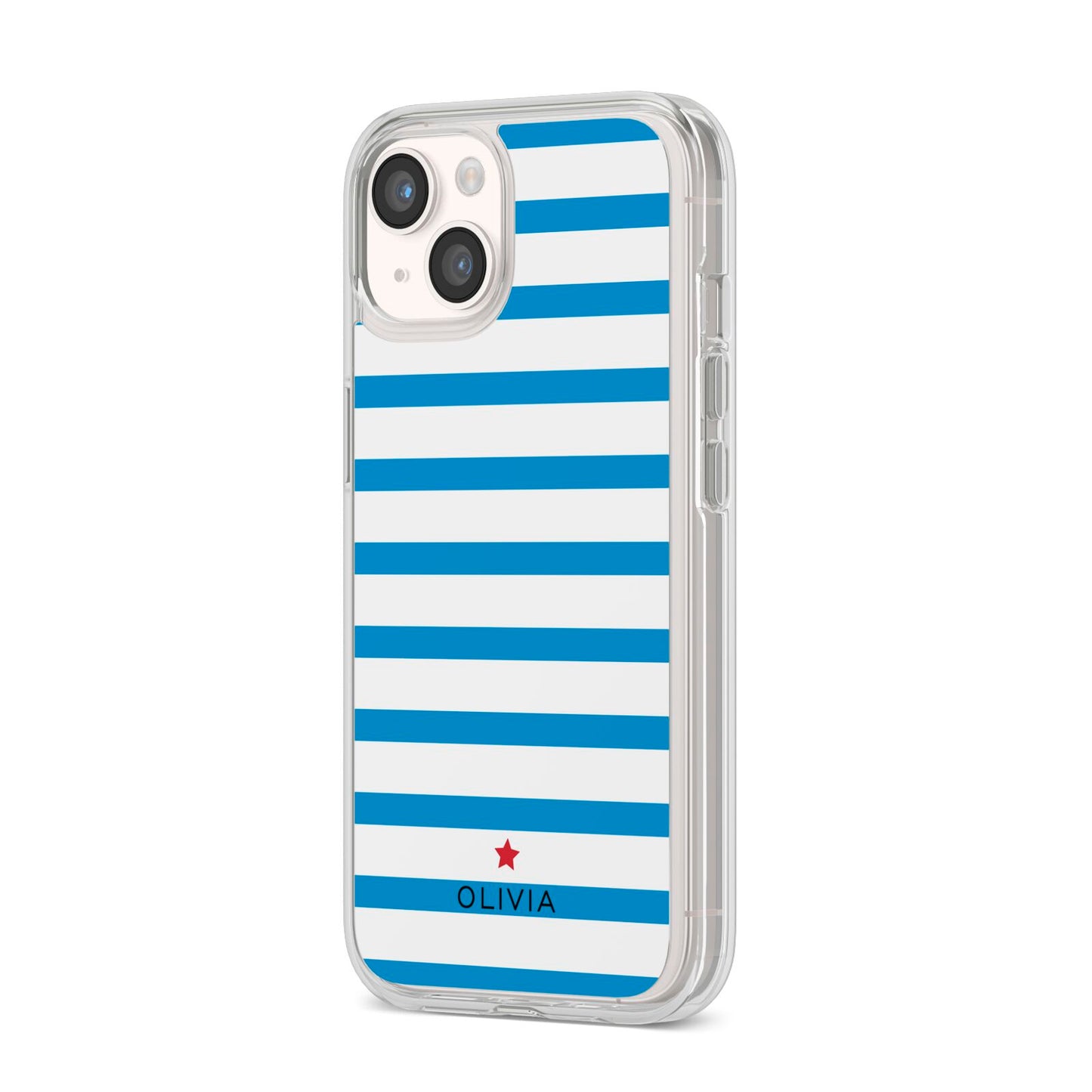 Personalised Name Blue White iPhone 14 Clear Tough Case Starlight Angled Image