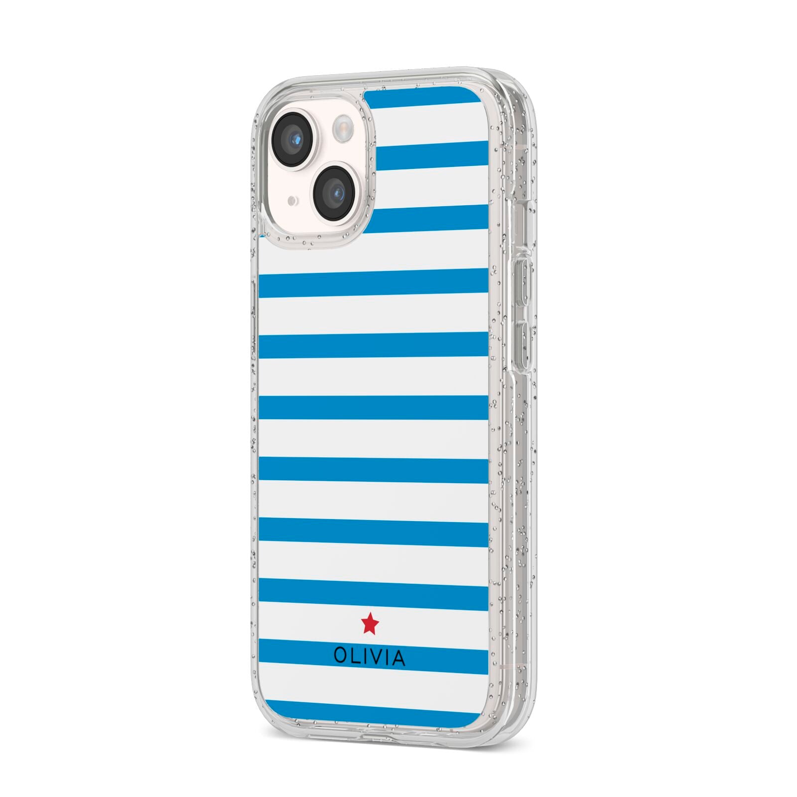 Personalised Name Blue White iPhone 14 Glitter Tough Case Starlight Angled Image