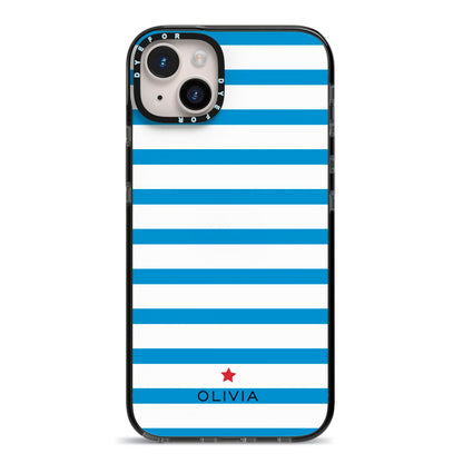 Personalised Name Blue White iPhone 14 Plus Black Impact Case on Silver phone