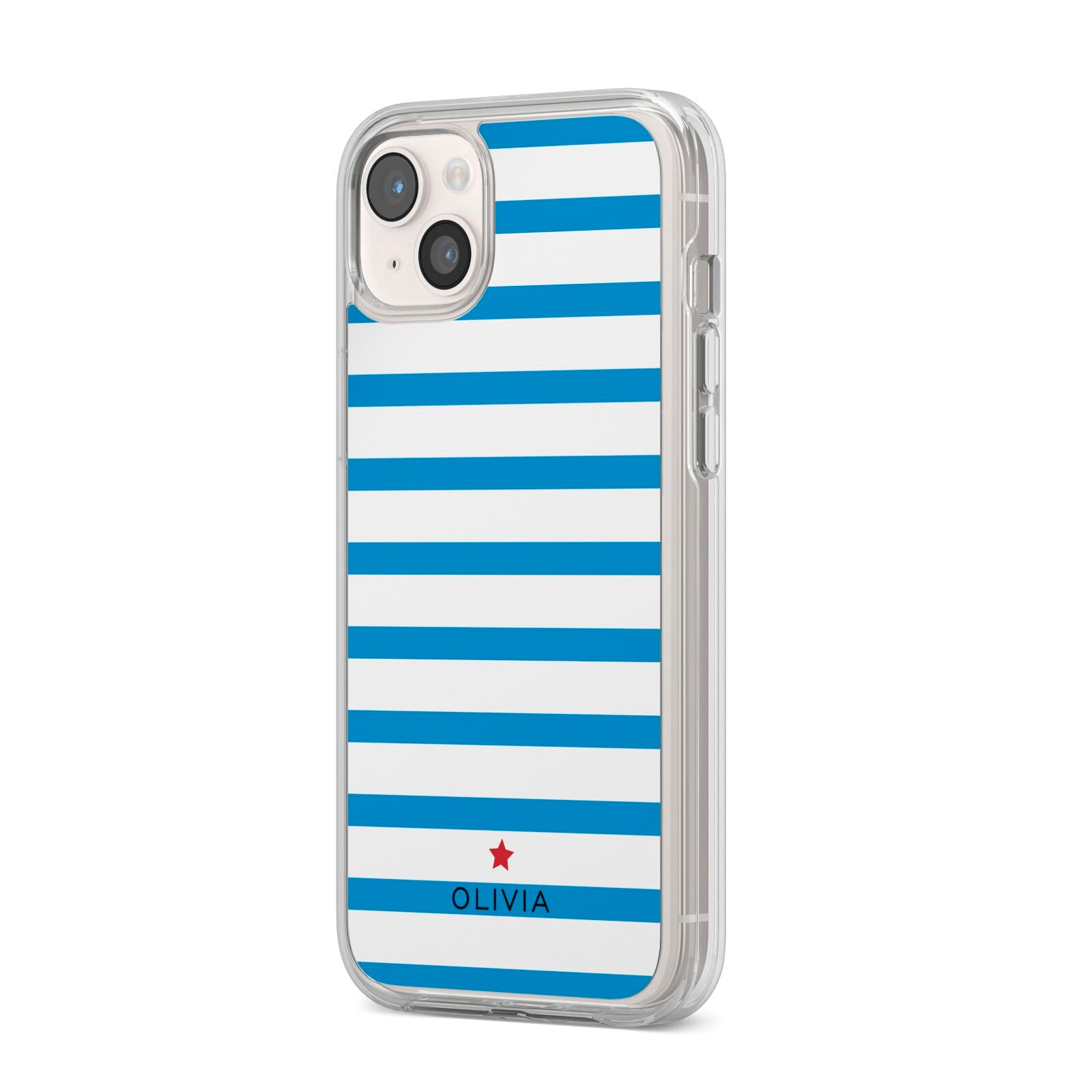 Personalised Name Blue White iPhone 14 Plus Clear Tough Case Starlight Angled Image