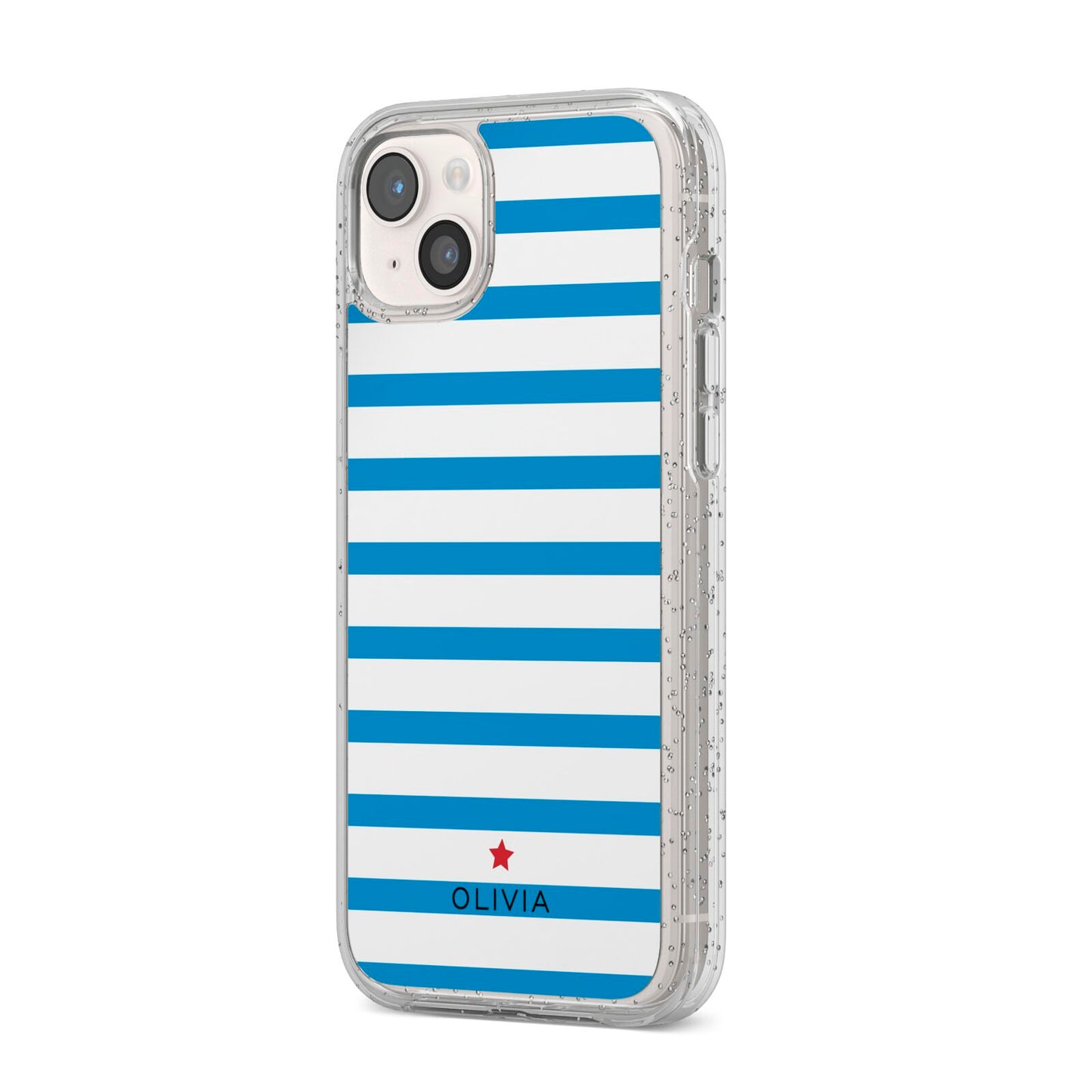 Personalised Name Blue White iPhone 14 Plus Glitter Tough Case Starlight Angled Image