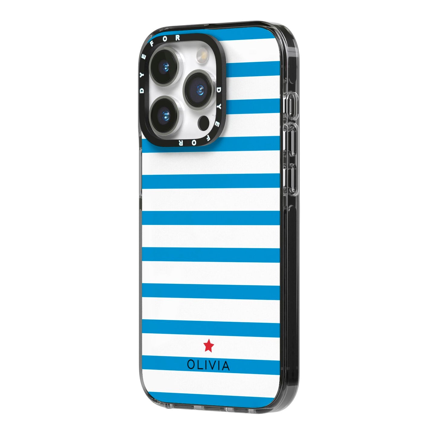 Personalised Name Blue White iPhone 14 Pro Black Impact Case Side Angle on Silver phone