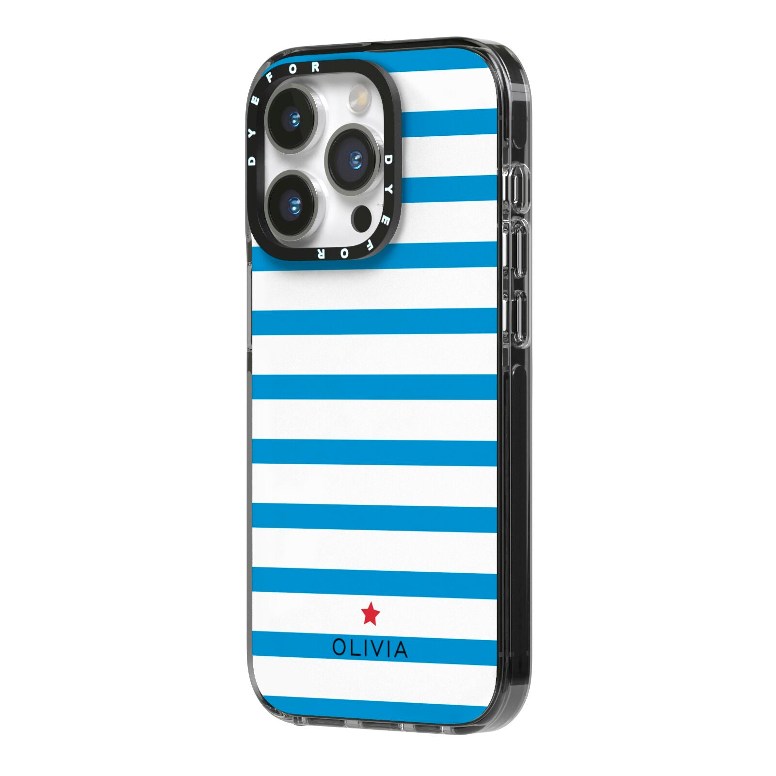 Personalised Name Blue White iPhone 14 Pro Black Impact Case Side Angle on Silver phone