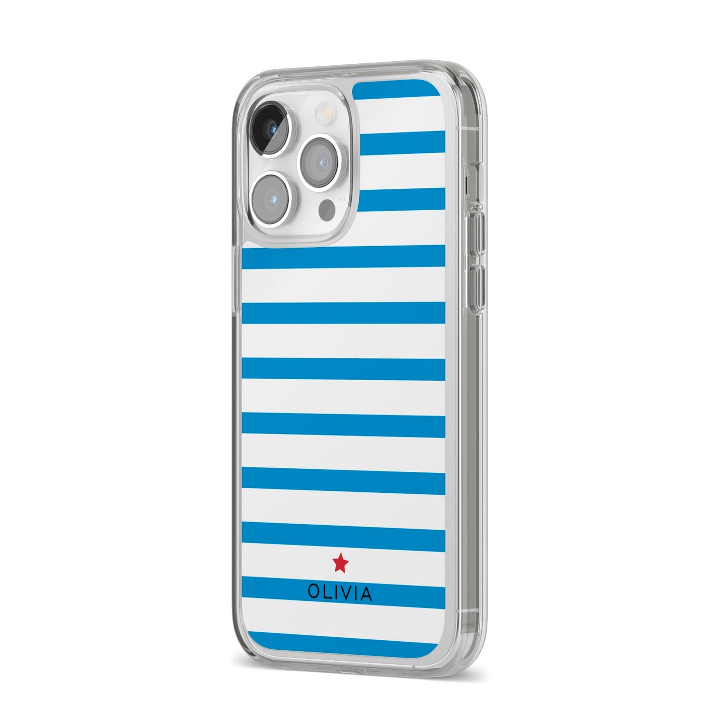 Personalised Name Blue White iPhone 14 Pro Max Clear Tough Case Silver Angled Image